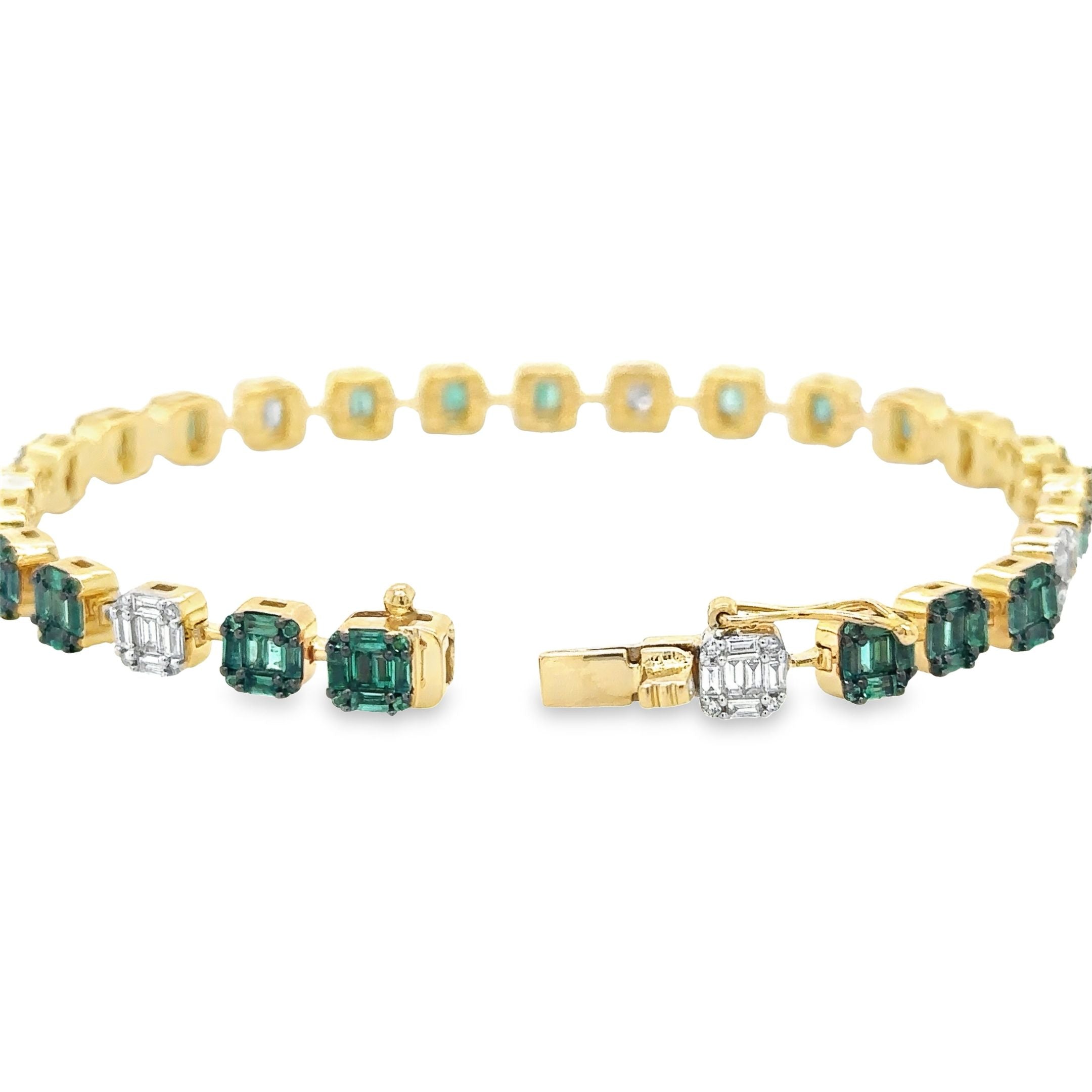 Pulsera de tenis de oro amarillo de 14 quilates con esmeraldas y diamantes, 3,64 quilates