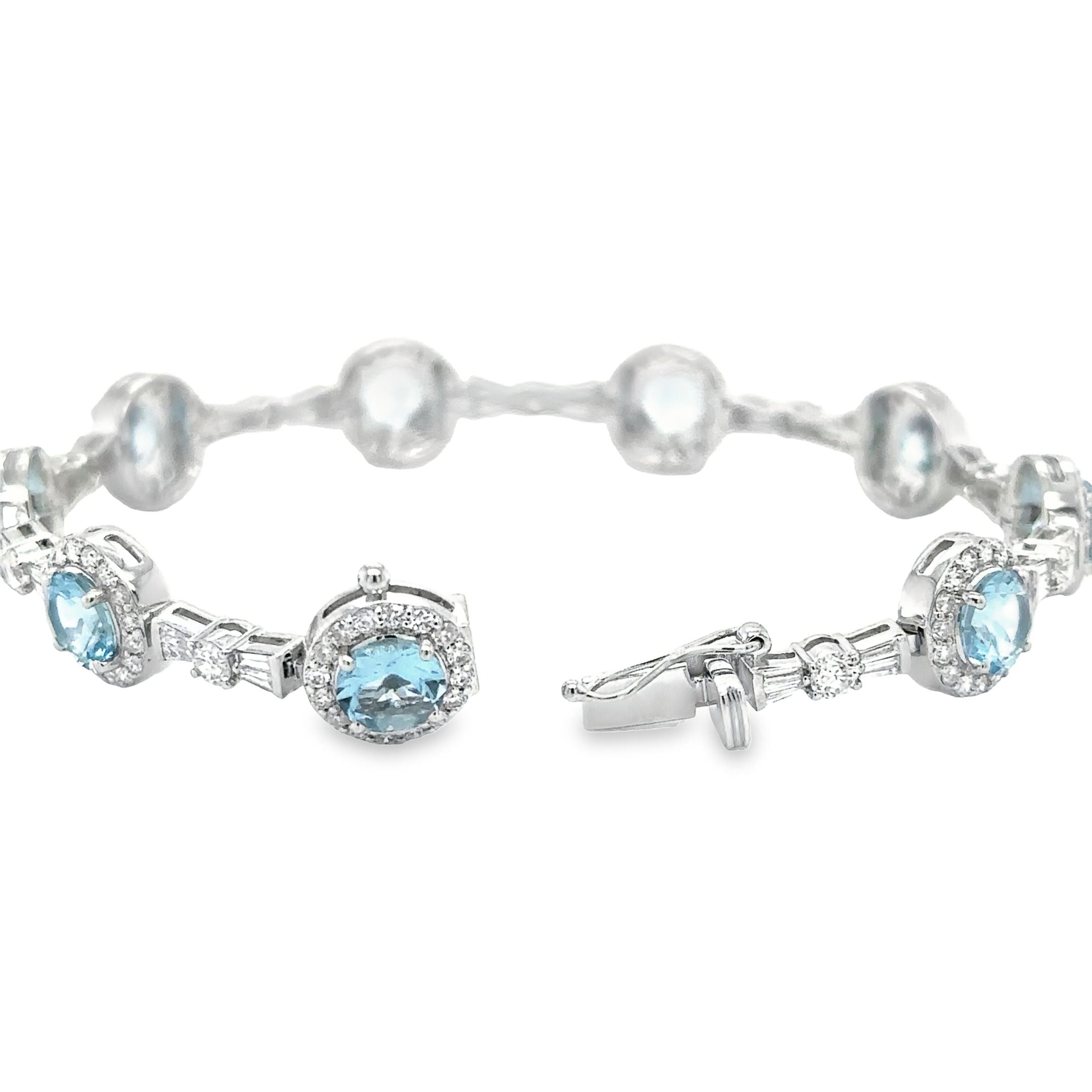 Pulsera de tenis con diamantes y aguamarinas en oro blanco de 14 quilates, 10,56 quilates