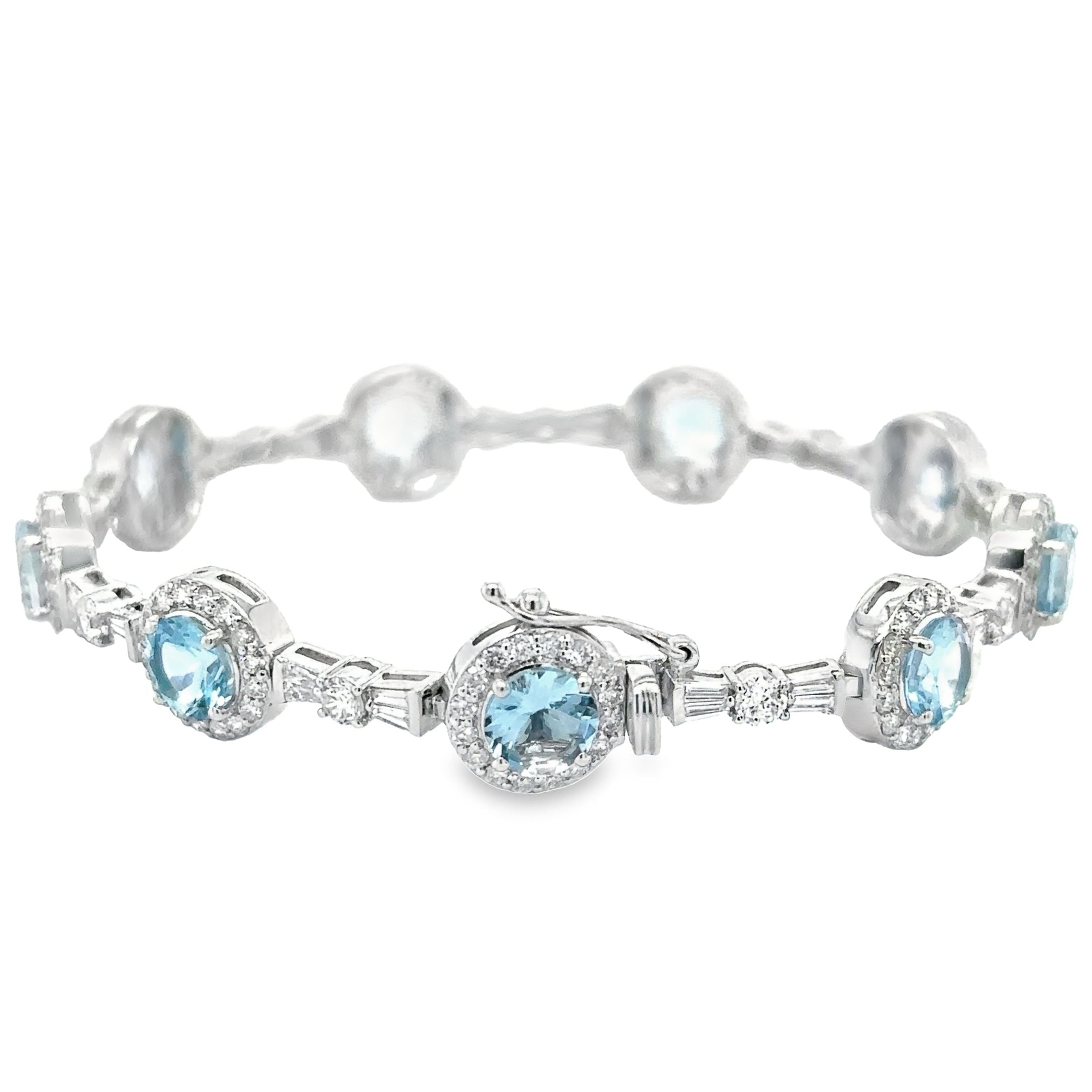 Pulsera de tenis con diamantes y aguamarinas en oro blanco de 14 quilates, 10,56 quilates