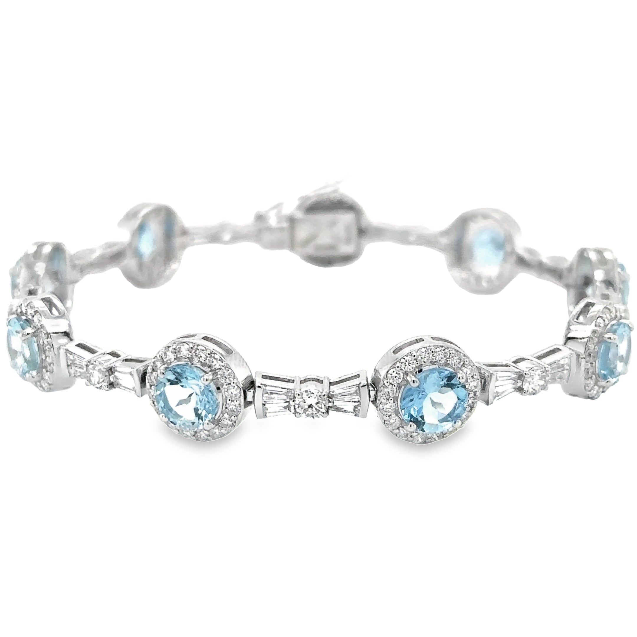 Pulsera de tenis con diamantes y aguamarinas en oro blanco de 14 quilates, 10,56 quilates