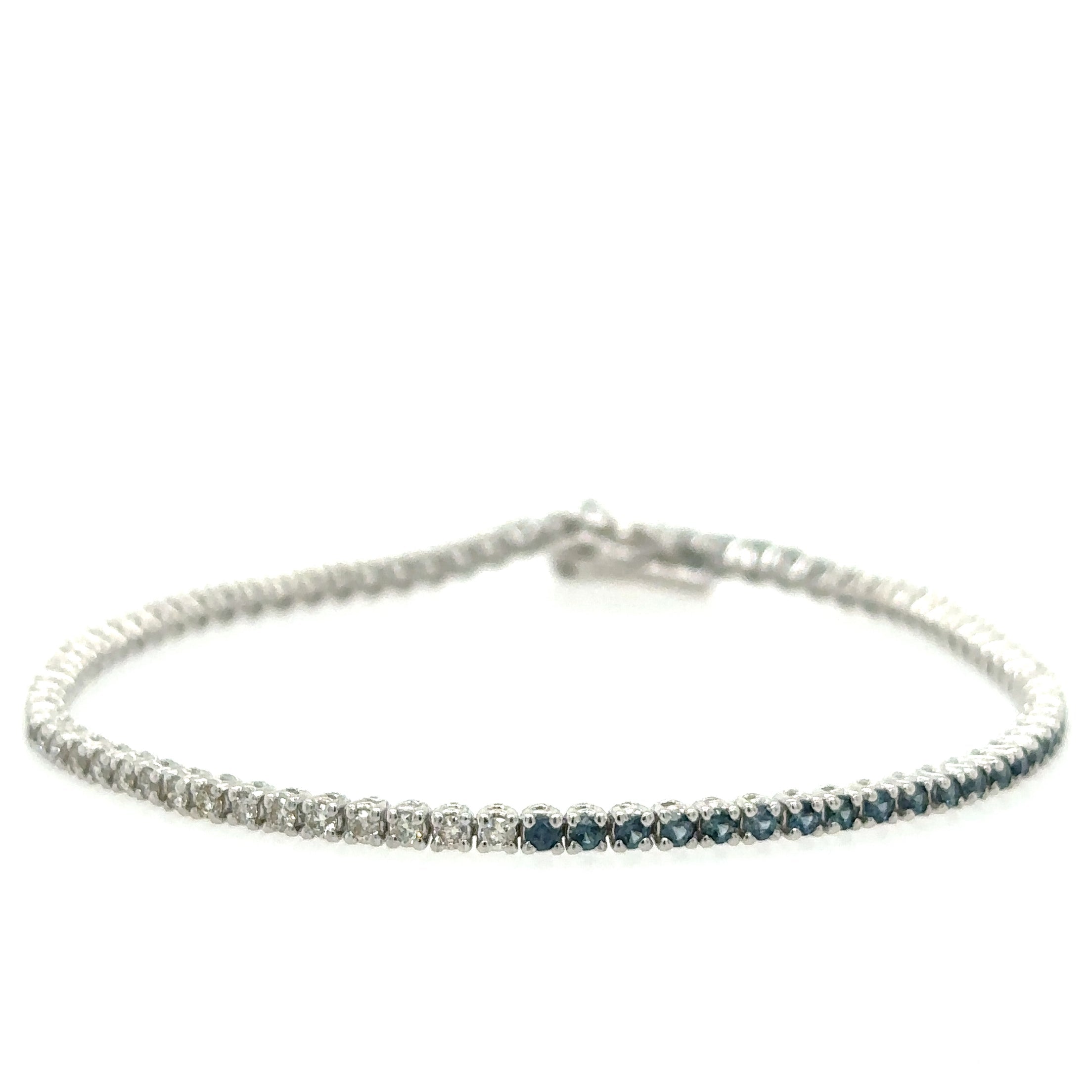 Pulsera de tenis de oro blanco de 14 quilates con diamantes y zafiro azul, 2,02 TCW