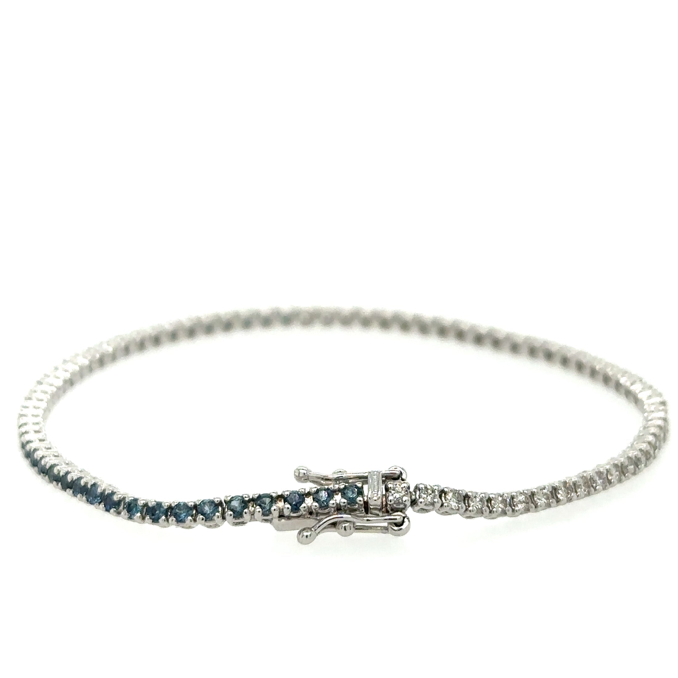 Pulsera de tenis de oro blanco de 14 quilates con diamantes y zafiro azul, 2,02 TCW