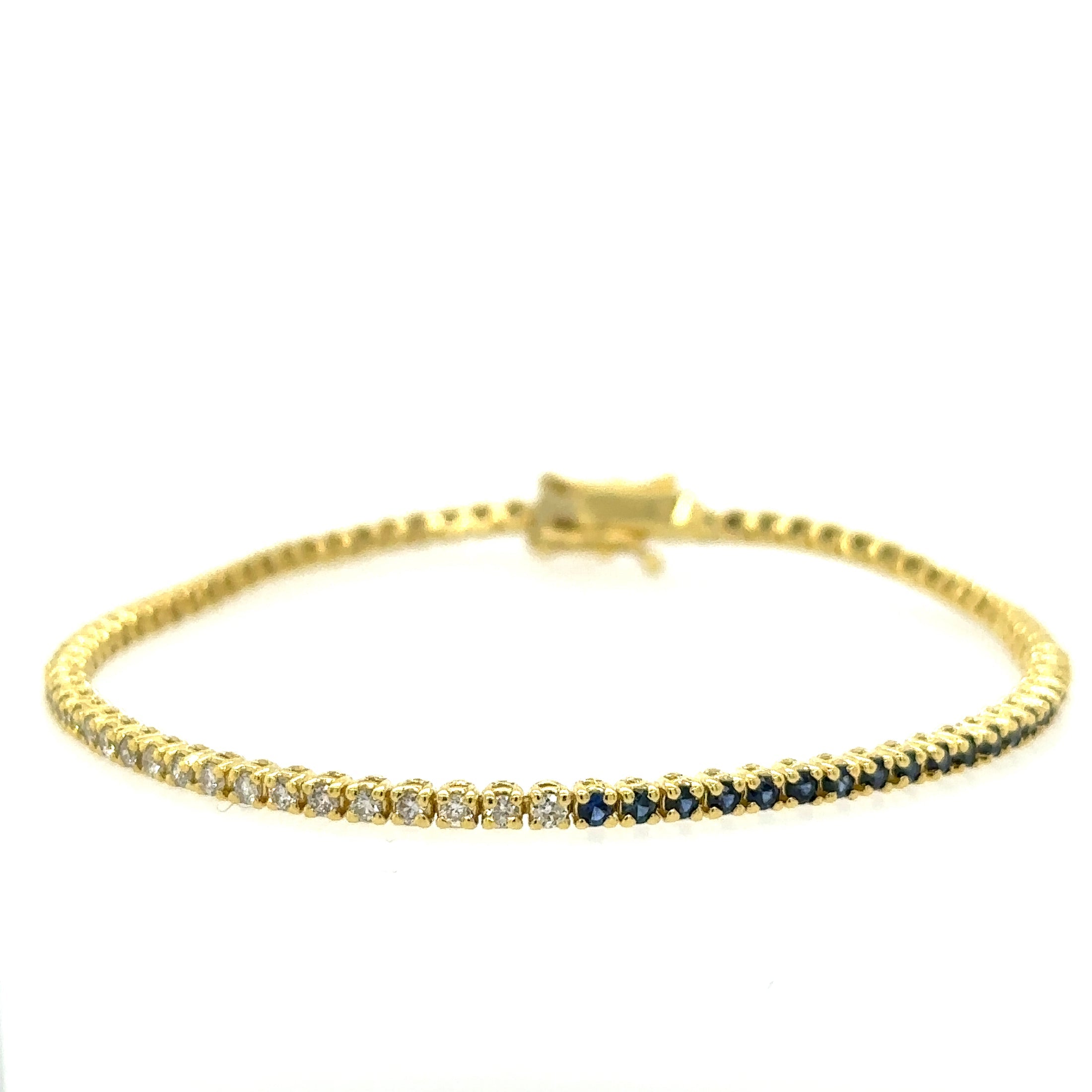 Pulsera de tenis de oro amarillo de 14 quilates con diamantes y zafiro azul 1,99 TCW