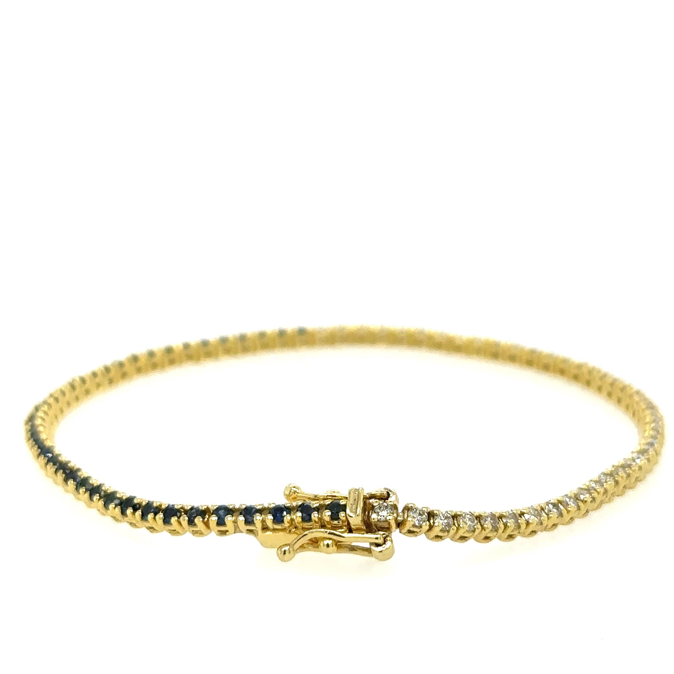 Pulsera de tenis de oro amarillo de 14 quilates con diamantes y zafiro azul 1,99 TCW