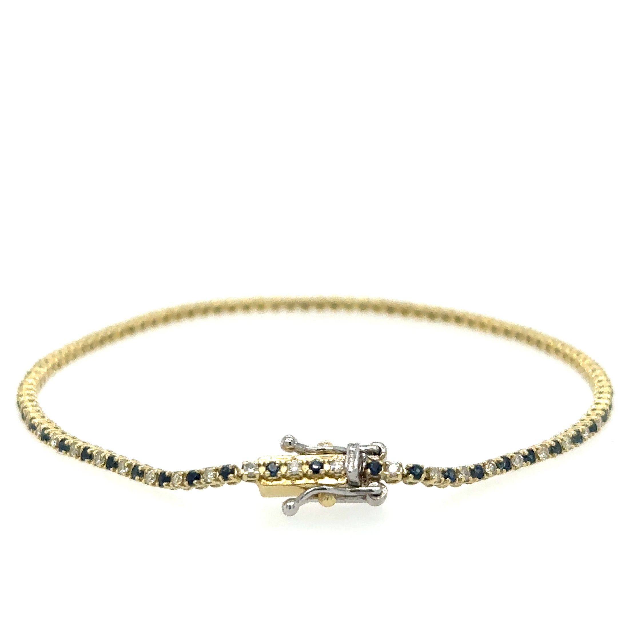 Pulsera de tenis de oro amarillo de 14 quilates con diamantes y zafiro azul, 1,20 TCW