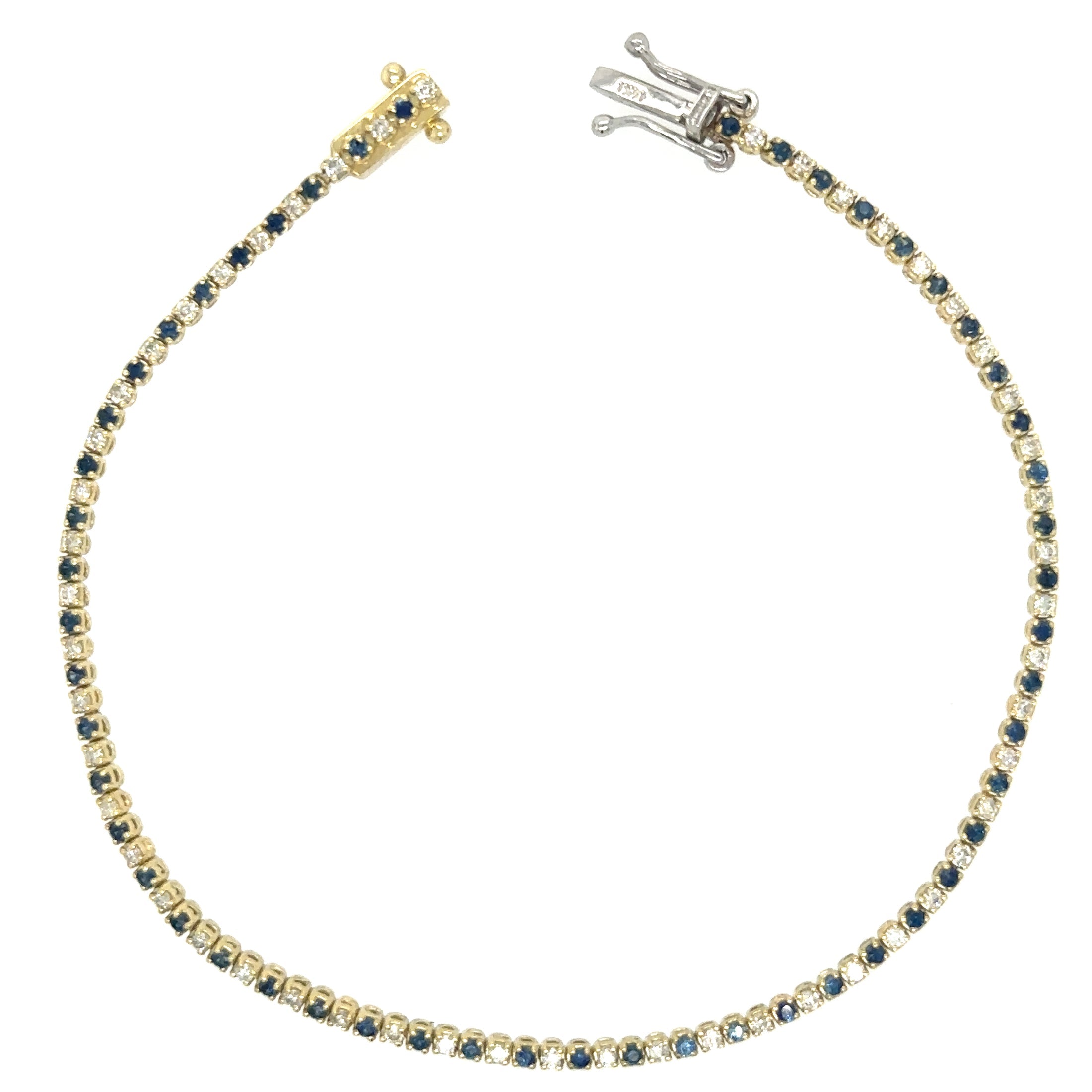 14K Yellow Gold Diamonds Blue Sapphire Tennis Bracelet  1.20 TCW