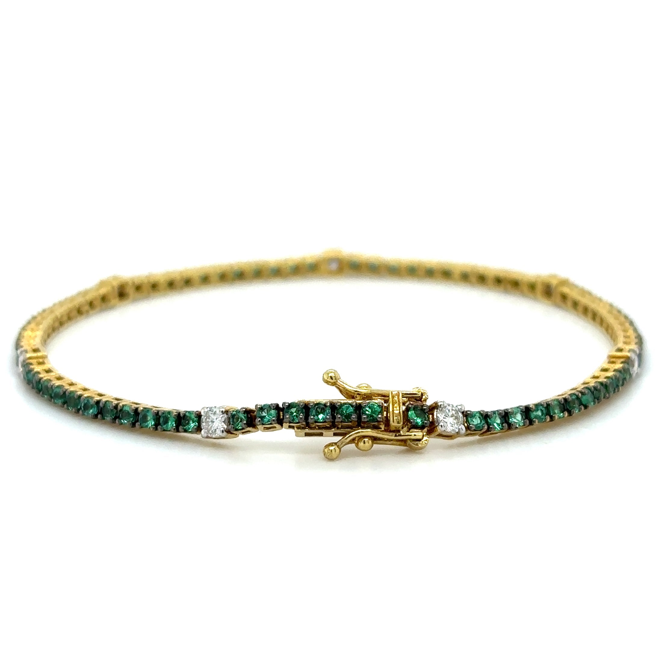 Pulsera de tenis de oro amarillo de 18 quilates con esmeraldas y diamantes, 2,02 TCW