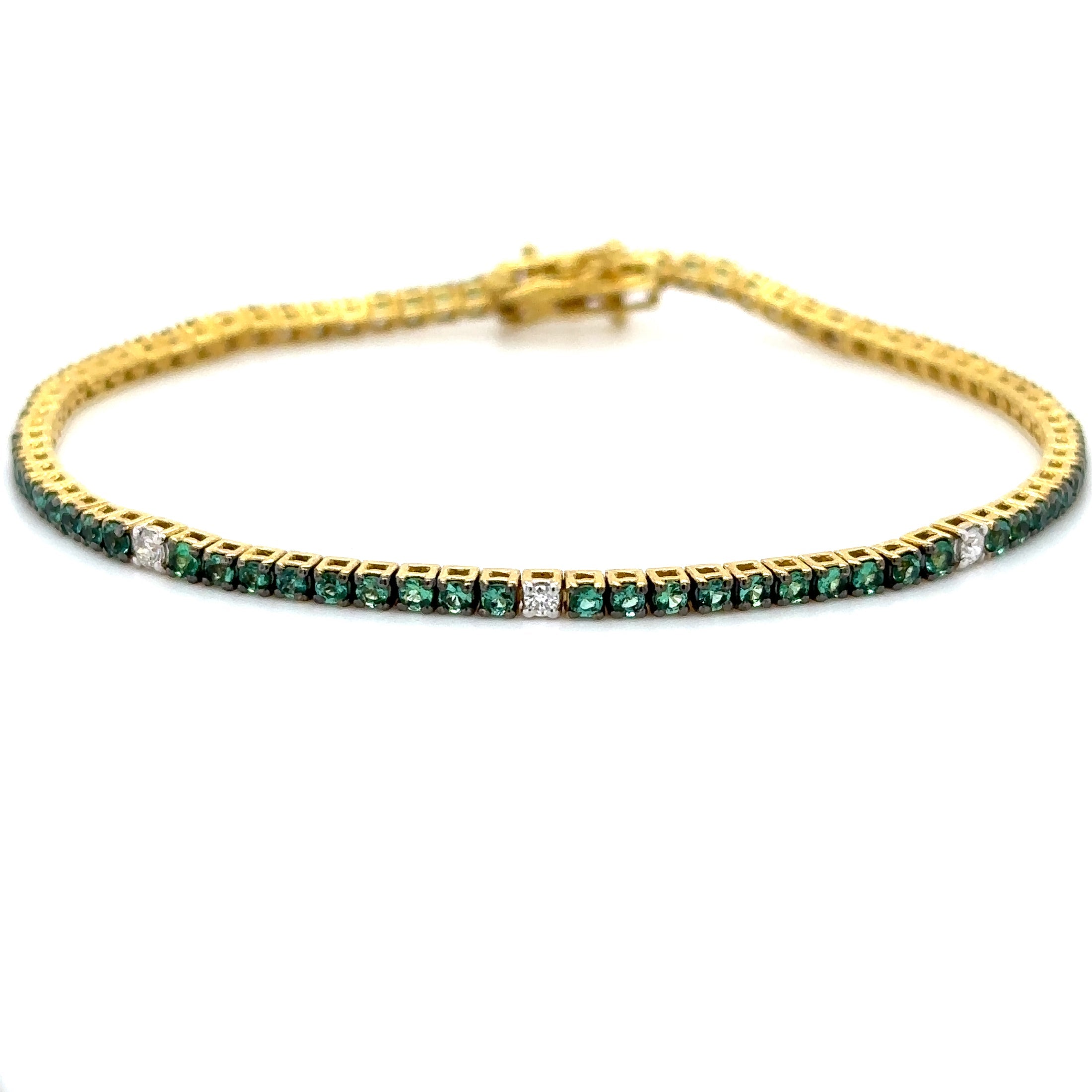 Pulsera de tenis de oro amarillo de 18 quilates con esmeraldas y diamantes, 1,68 TCW