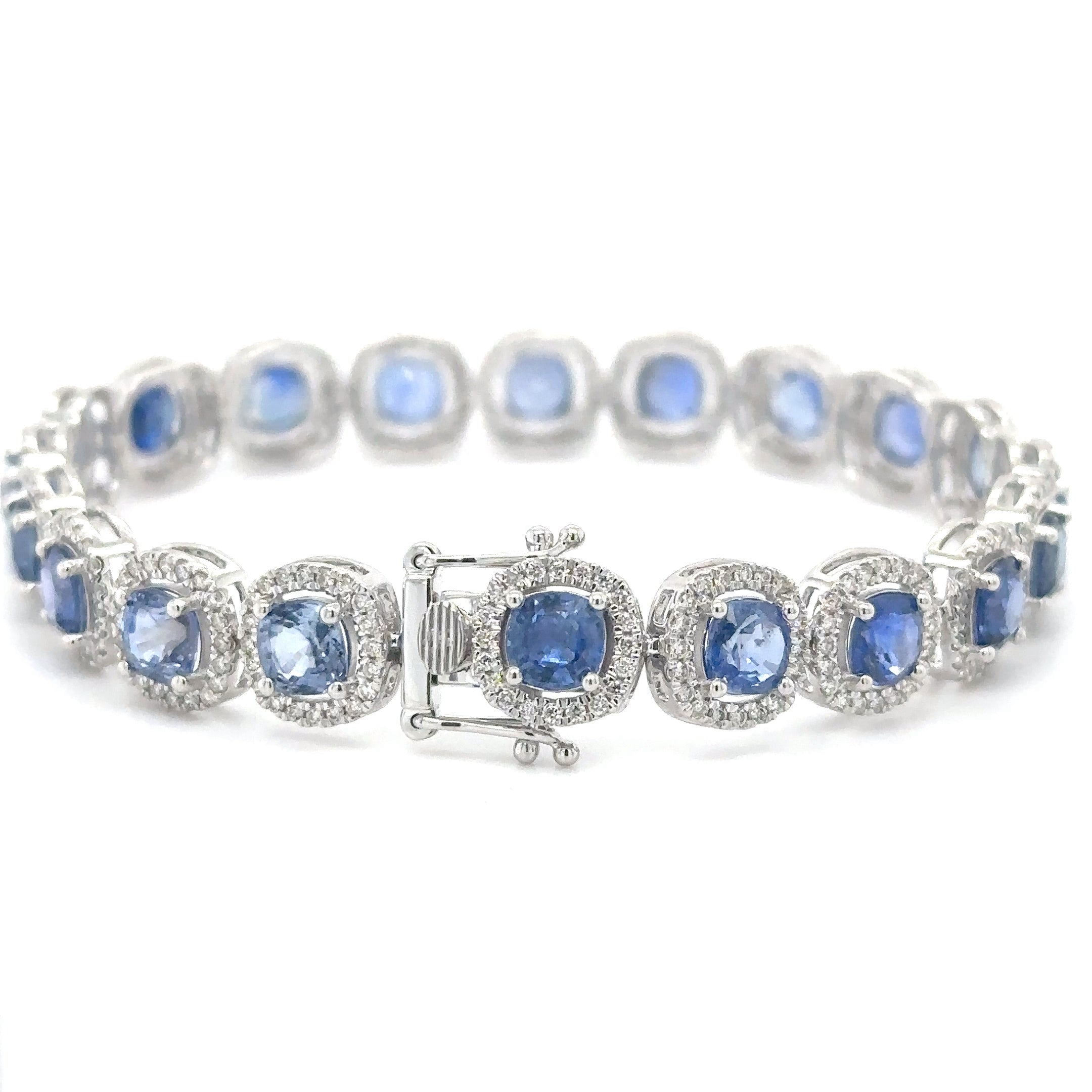 Pulsera de oro blanco de 14 quilates con diamantes y zafiro azul en forma de cojín, 17,36 quilates