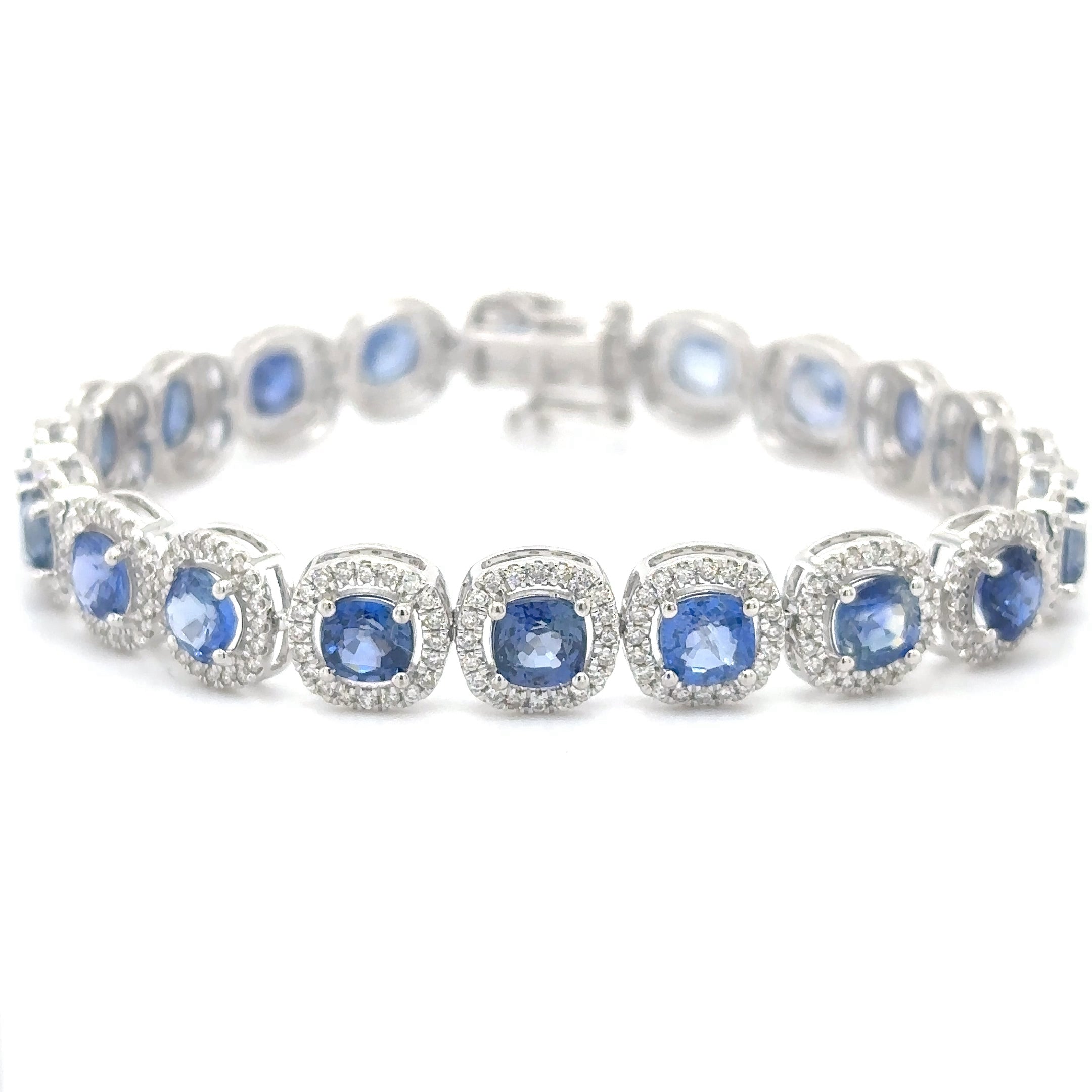 Pulsera de oro blanco de 14 quilates con diamantes y zafiro azul en forma de cojín, 17,36 quilates