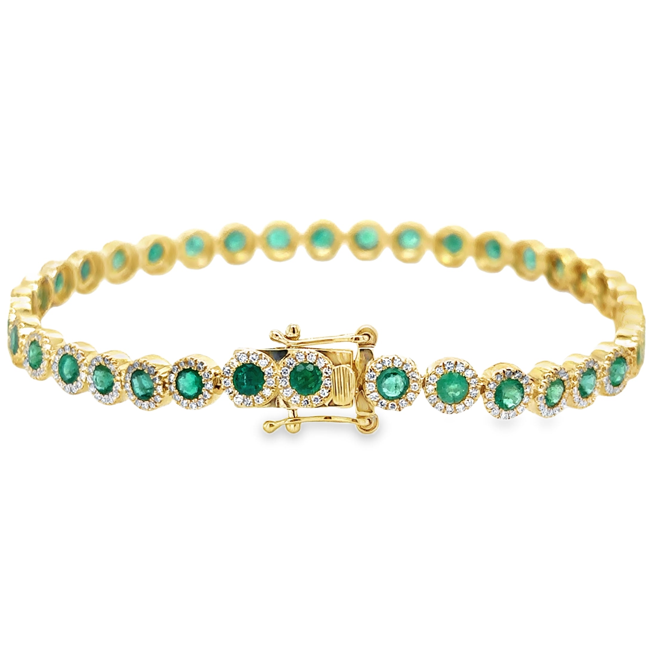 Pulsera de tenis de oro amarillo de 14 quilates con esmeraldas y diamantes, 3,75 TCW