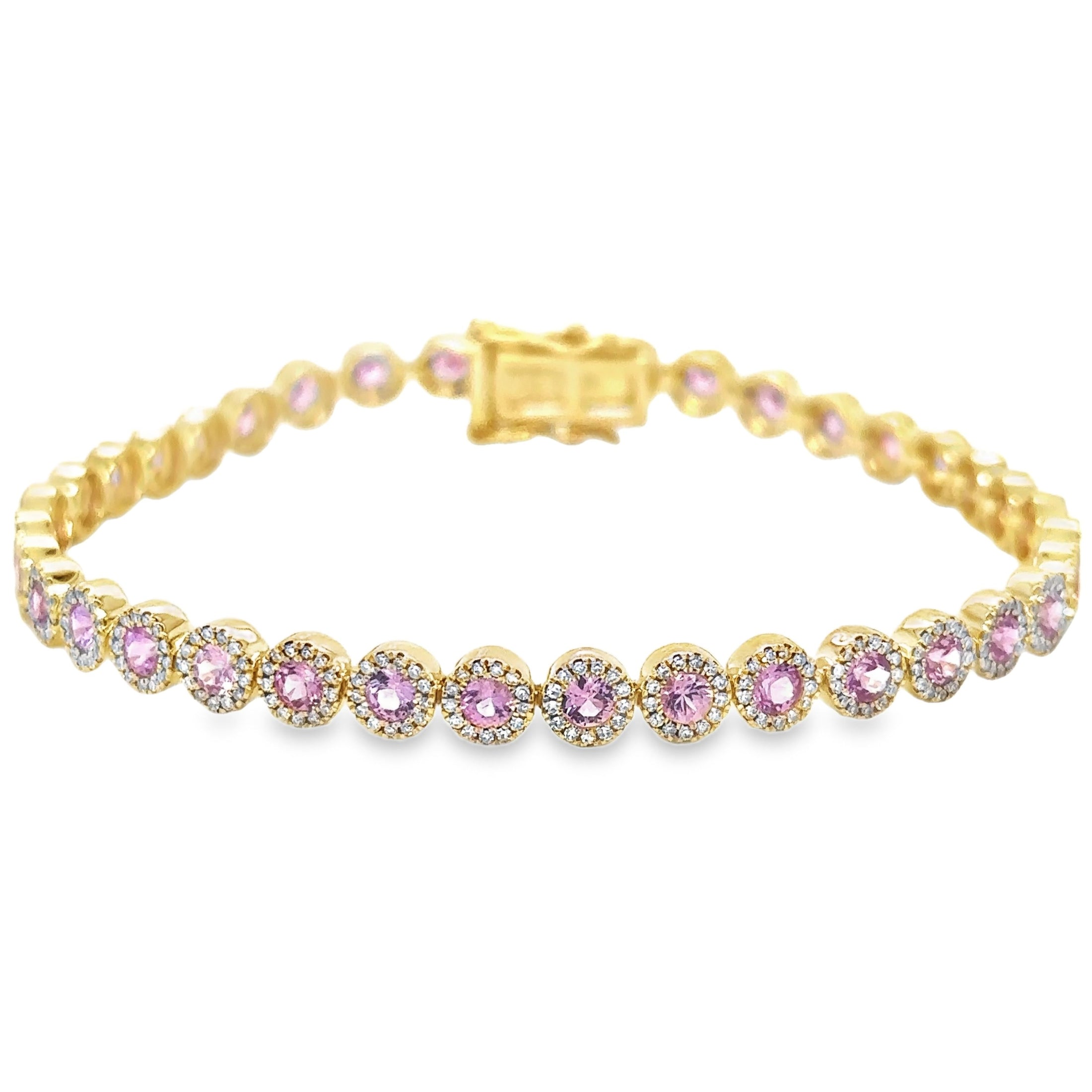 Pulsera de tenis de oro amarillo de 14 quilates con zafiro rosa y diamantes, 4,62 quilates