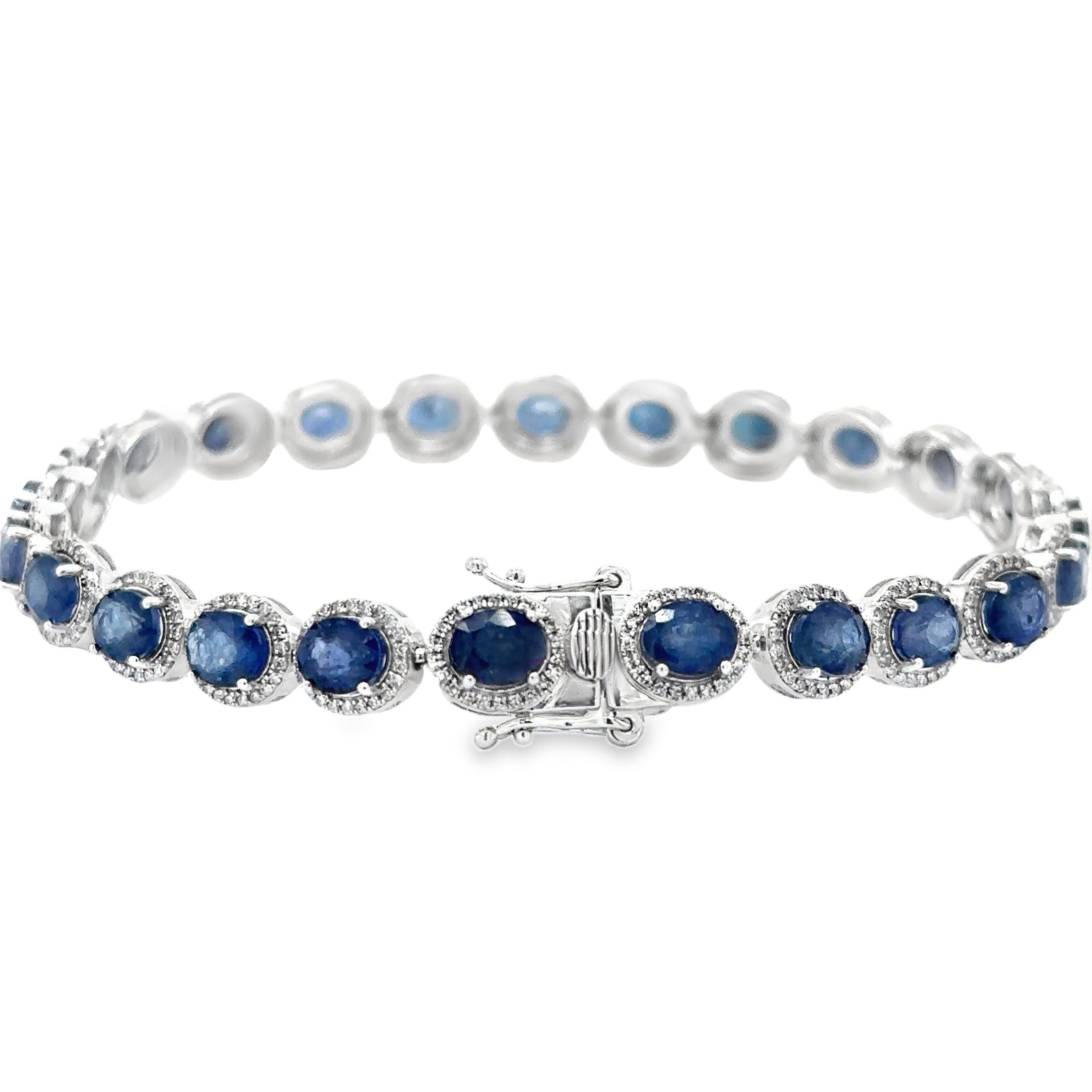 Pulsera de oro blanco de 14 quilates con diamantes y zafiros en forma ovalada, 13,33 quilates