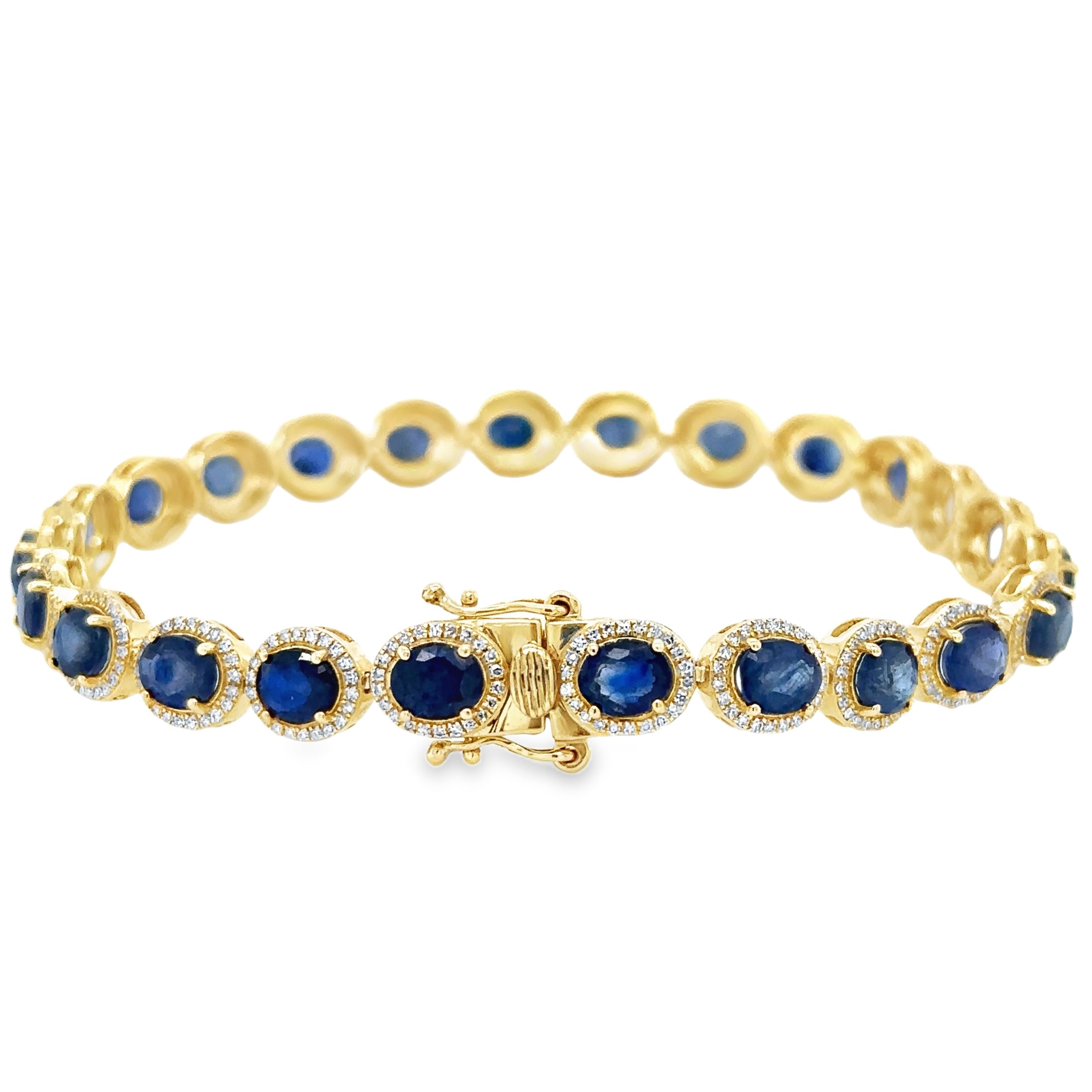 Pulsera de oro amarillo de 14 quilates con forma ovalada de zafiro y diamantes, 11,87 quilates