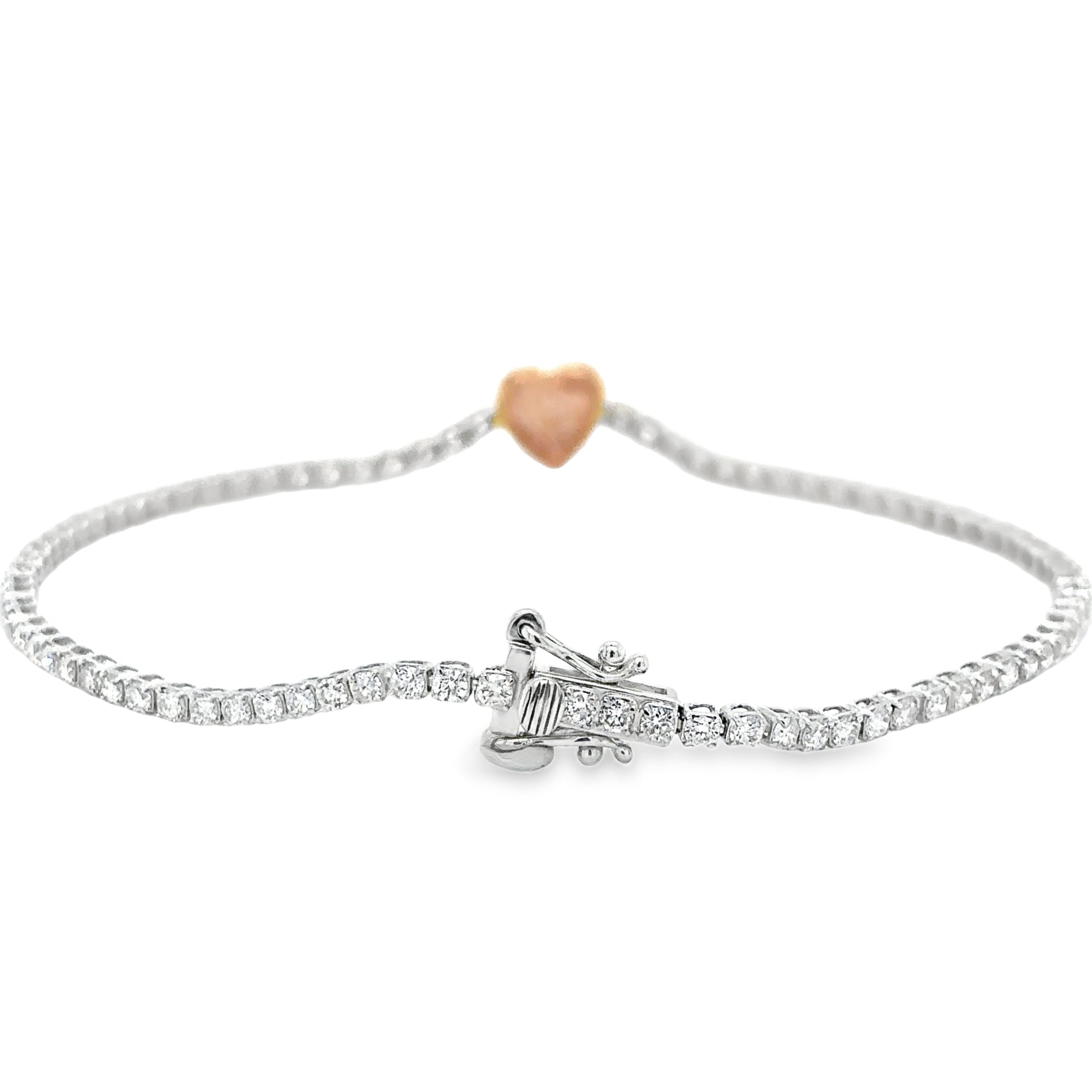 Pulsera de tenis con forma de corazón de diamantes y zafiro rosa de dos tonos de 14 quilates, 1,85 TCW