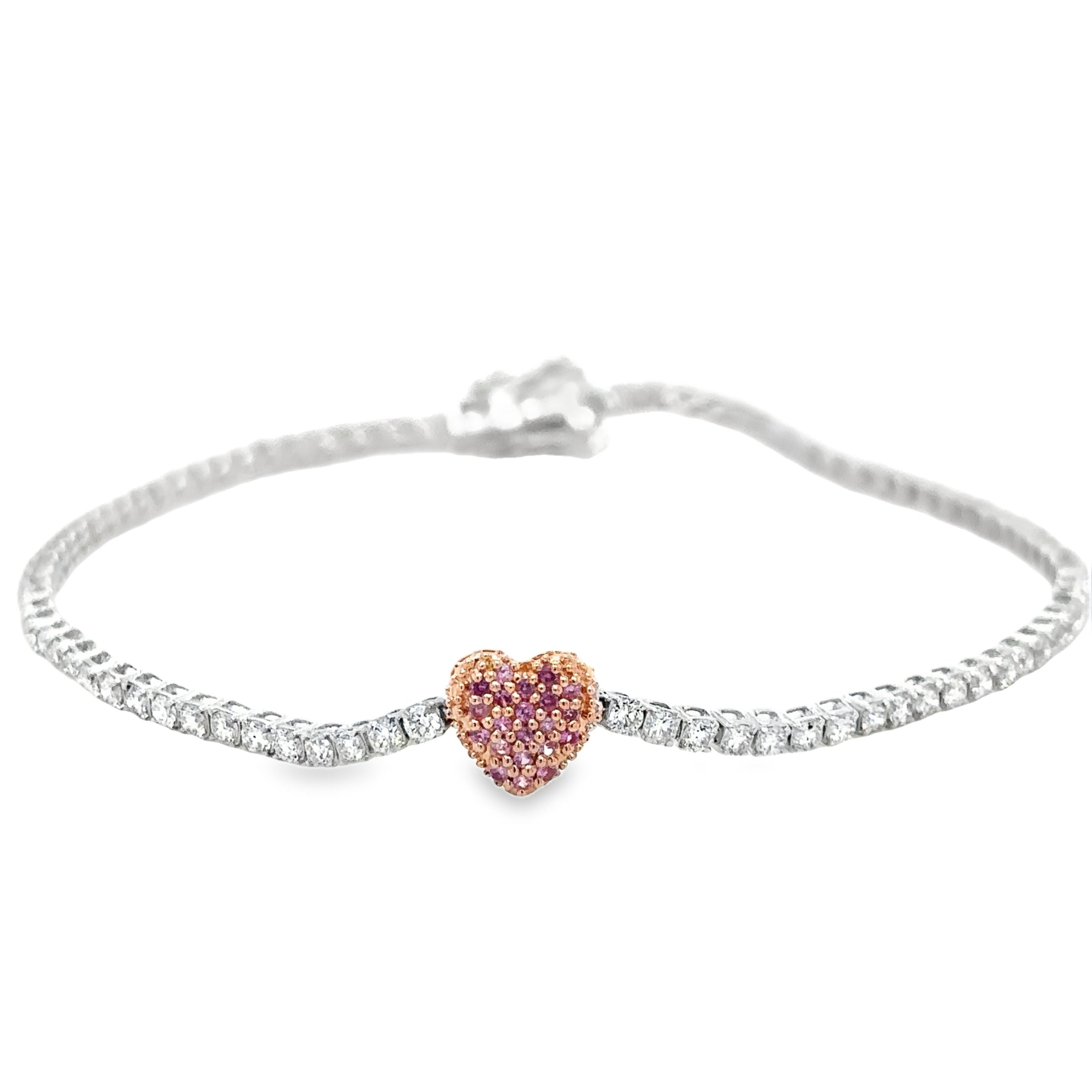 Pulsera de tenis con forma de corazón de diamantes y zafiro rosa de dos tonos de 14 quilates, 1,85 TCW