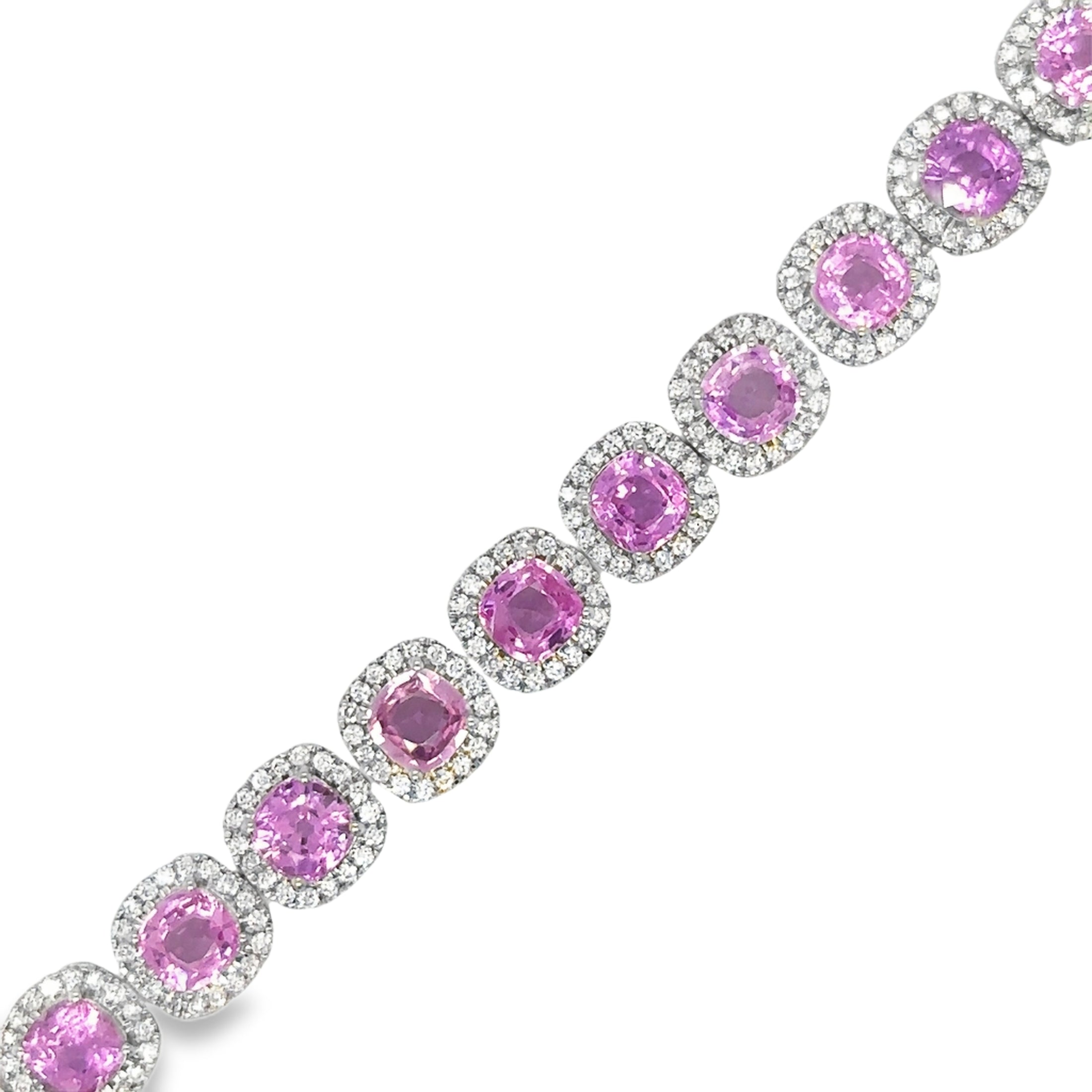 Pulsera de oro blanco de 14 quilates con diamantes y zafiro rosa en forma de cojín, 15,14 quilates