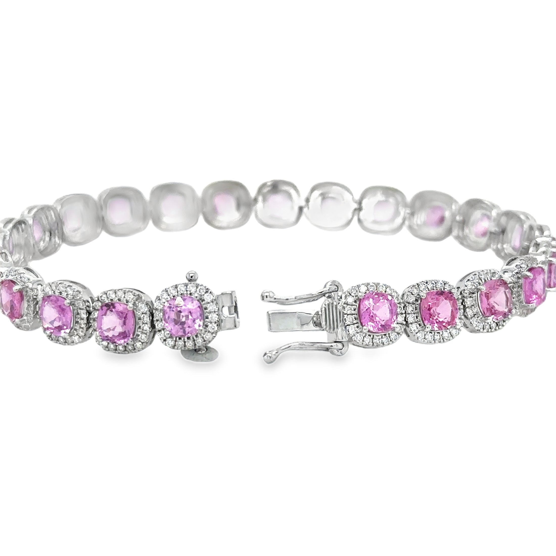 Pulsera de oro blanco de 14 quilates con diamantes y zafiro rosa en forma de cojín, 15,14 quilates