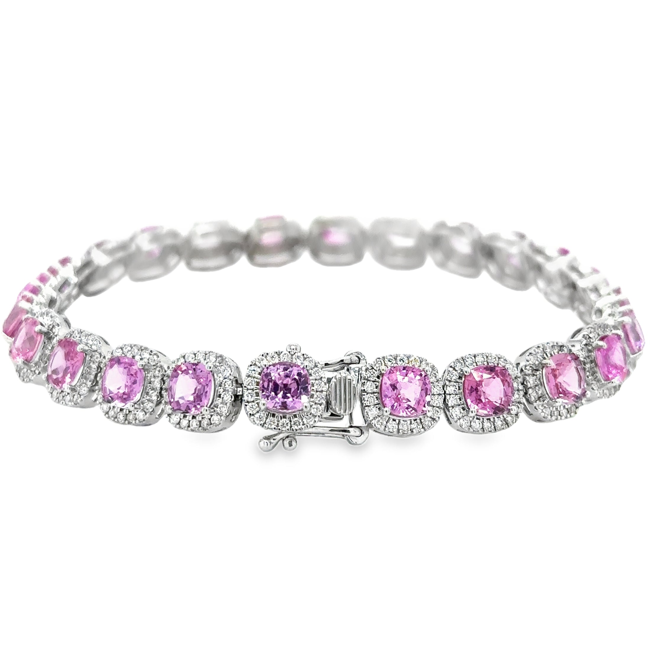 Pulsera de oro blanco de 14 quilates con diamantes y zafiro rosa en forma de cojín, 15,14 quilates