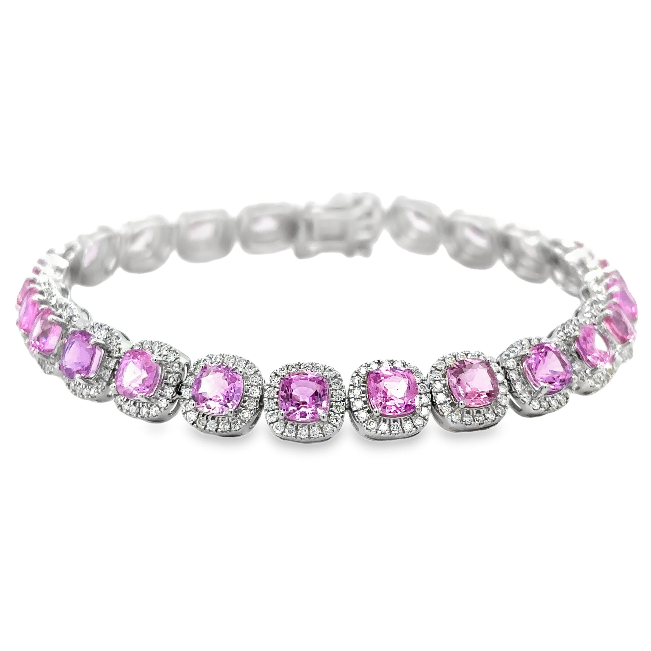 Pulsera de oro blanco de 14 quilates con diamantes y zafiro rosa en forma de cojín, 15,14 quilates