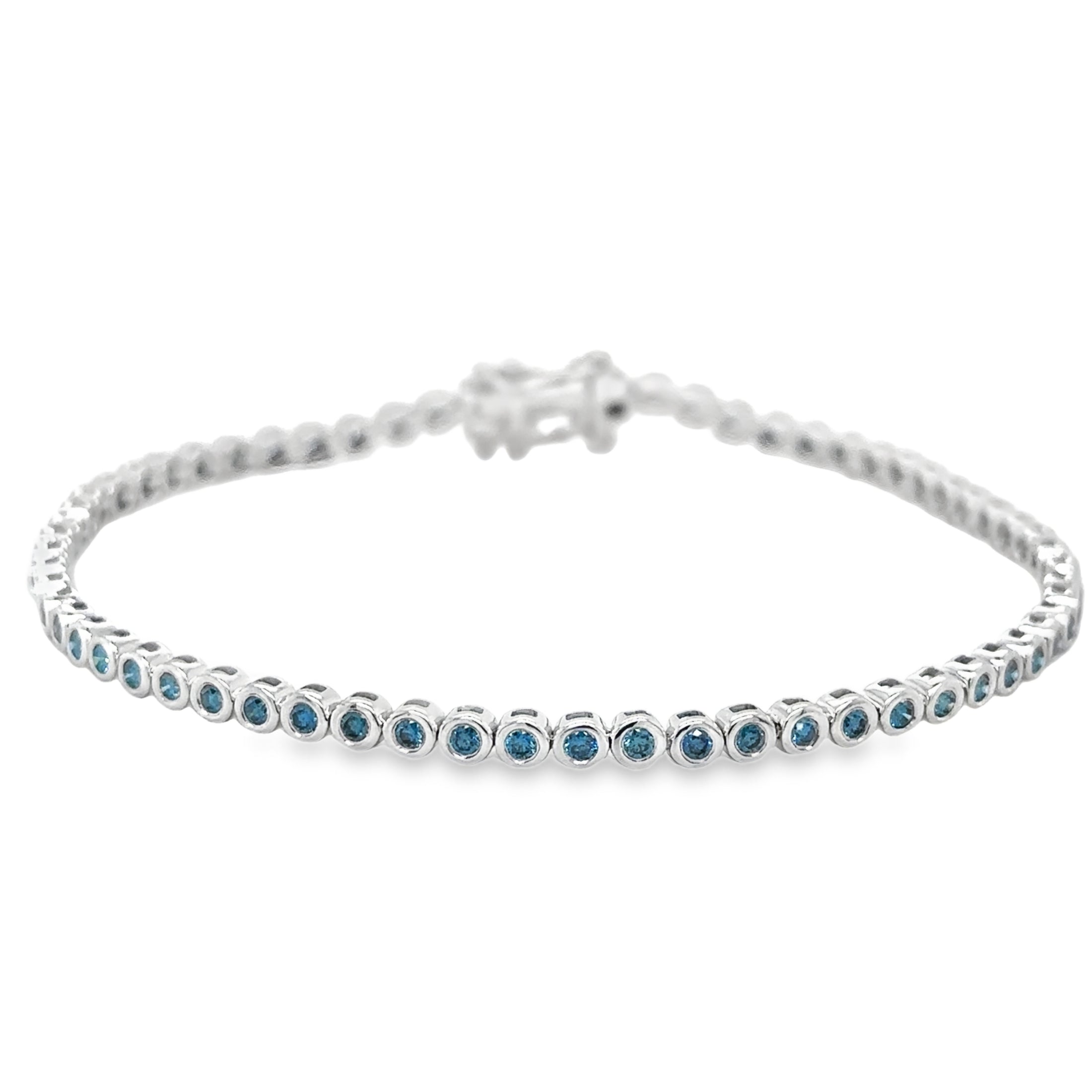 14K White Gold Blue Diamond Bezel Tennis Bracelet  1.00 TCW