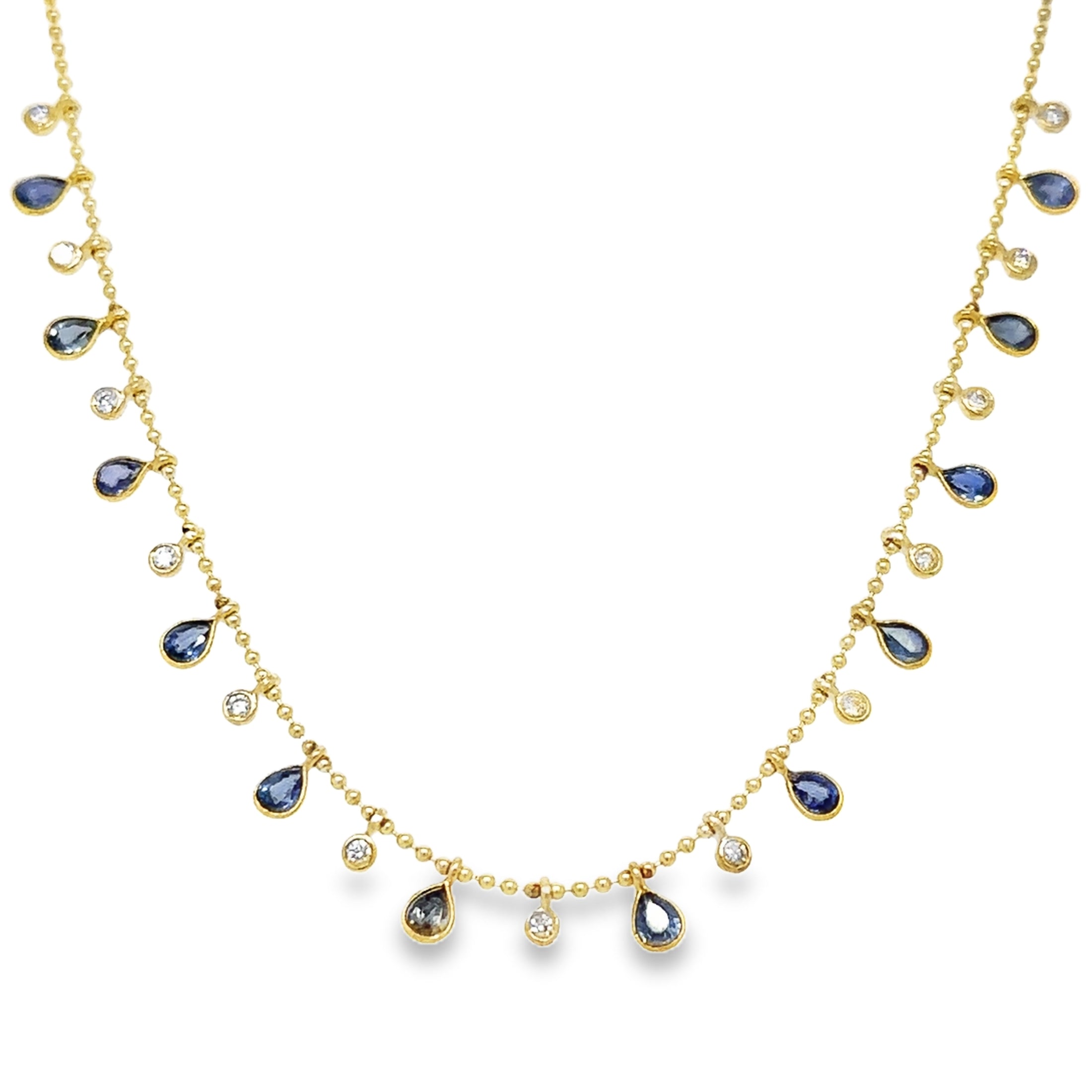 14K Yellow Gold Pear Shape Sapphire & Diamond Dangling Necklace 3.76 TCW