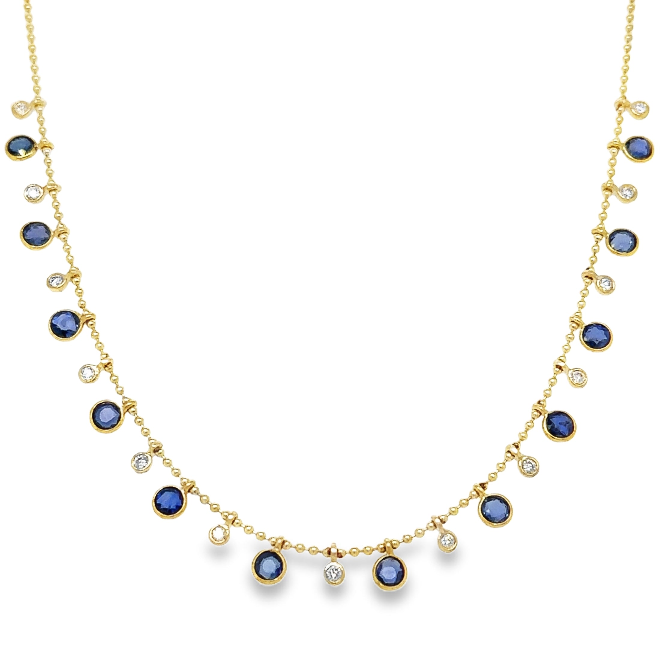 14K Yellow Gold Round Shape Sapphire & Diamond Dangling Necklace 4.56 TCW