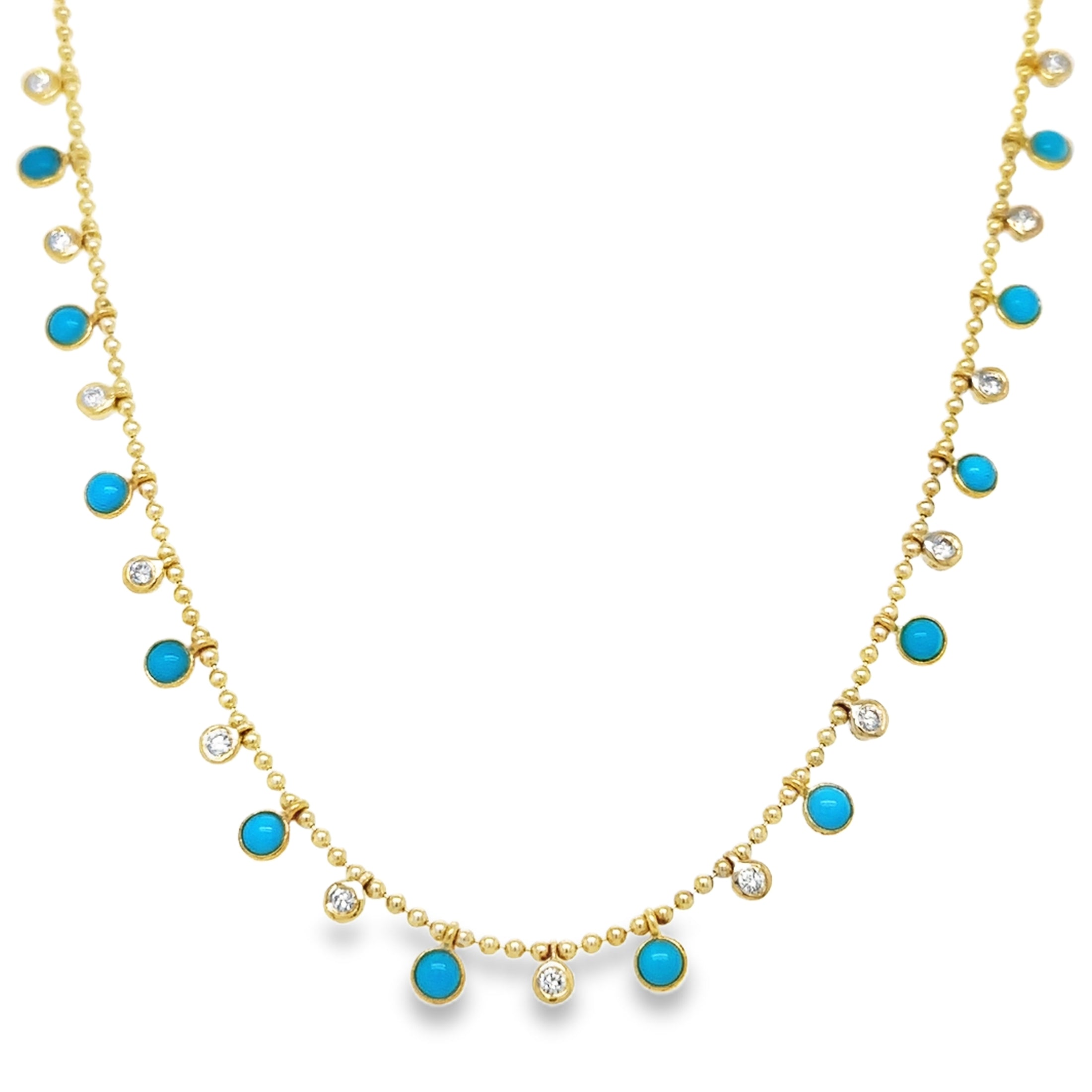 14K Yellow Gold Round Shape Turquoise & Diamond Dangling Necklace 6.89 TCW