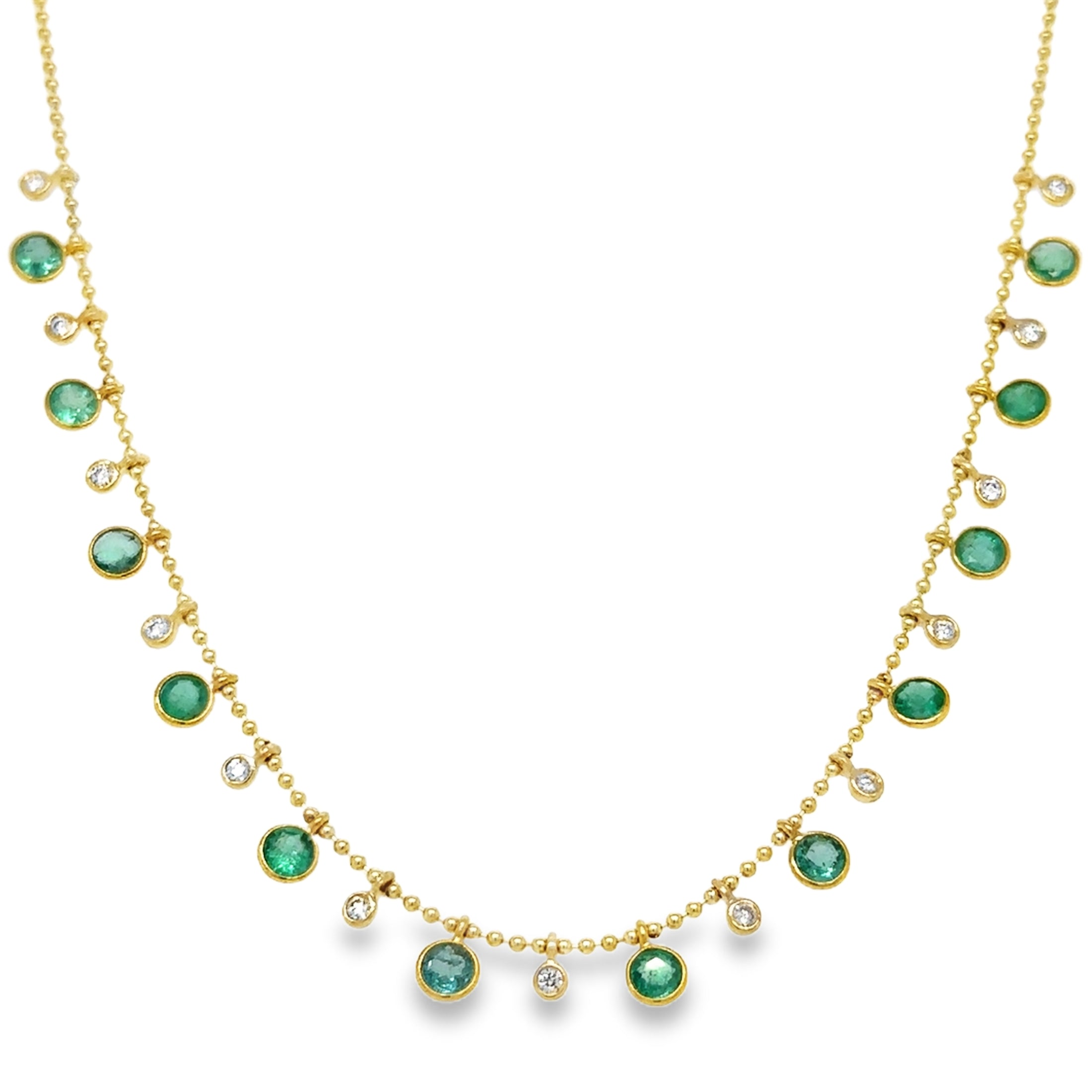 14K Yellow Gold Round Shape Emerald & Diamond Dangling Necklace 4.26 TCW