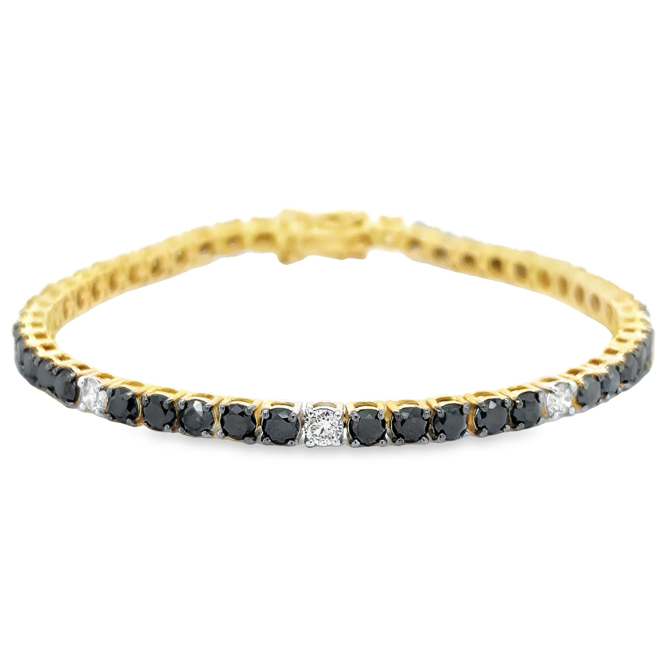 14K Yellow Gold Black & White Diamond Tennis Bracelet  1.12 TCW