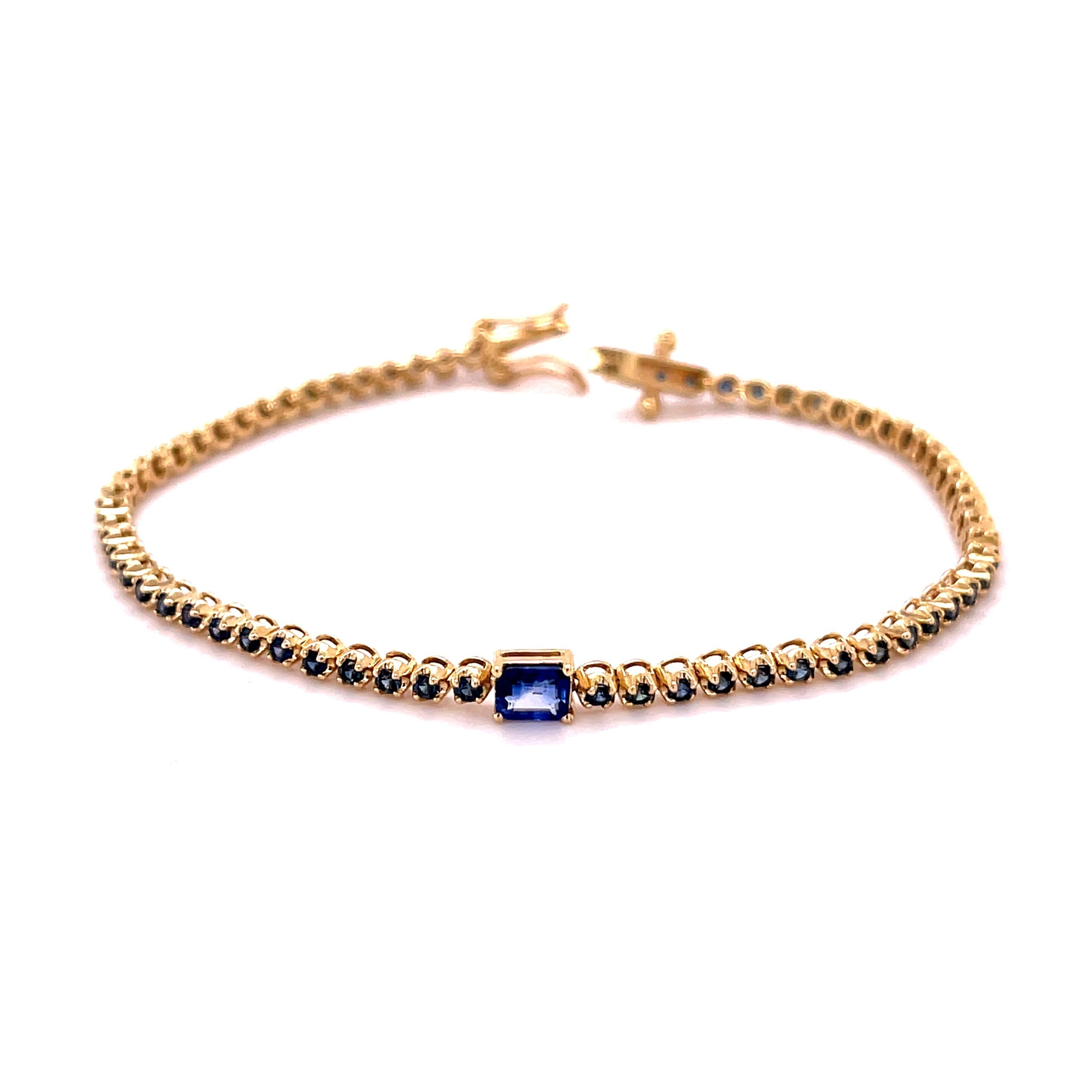 Pulsera De Tenis Central Con Corte Esmeralda Y Redonda De Zafiro Azul En Oro Amarillo De 14 K, 2.55CT