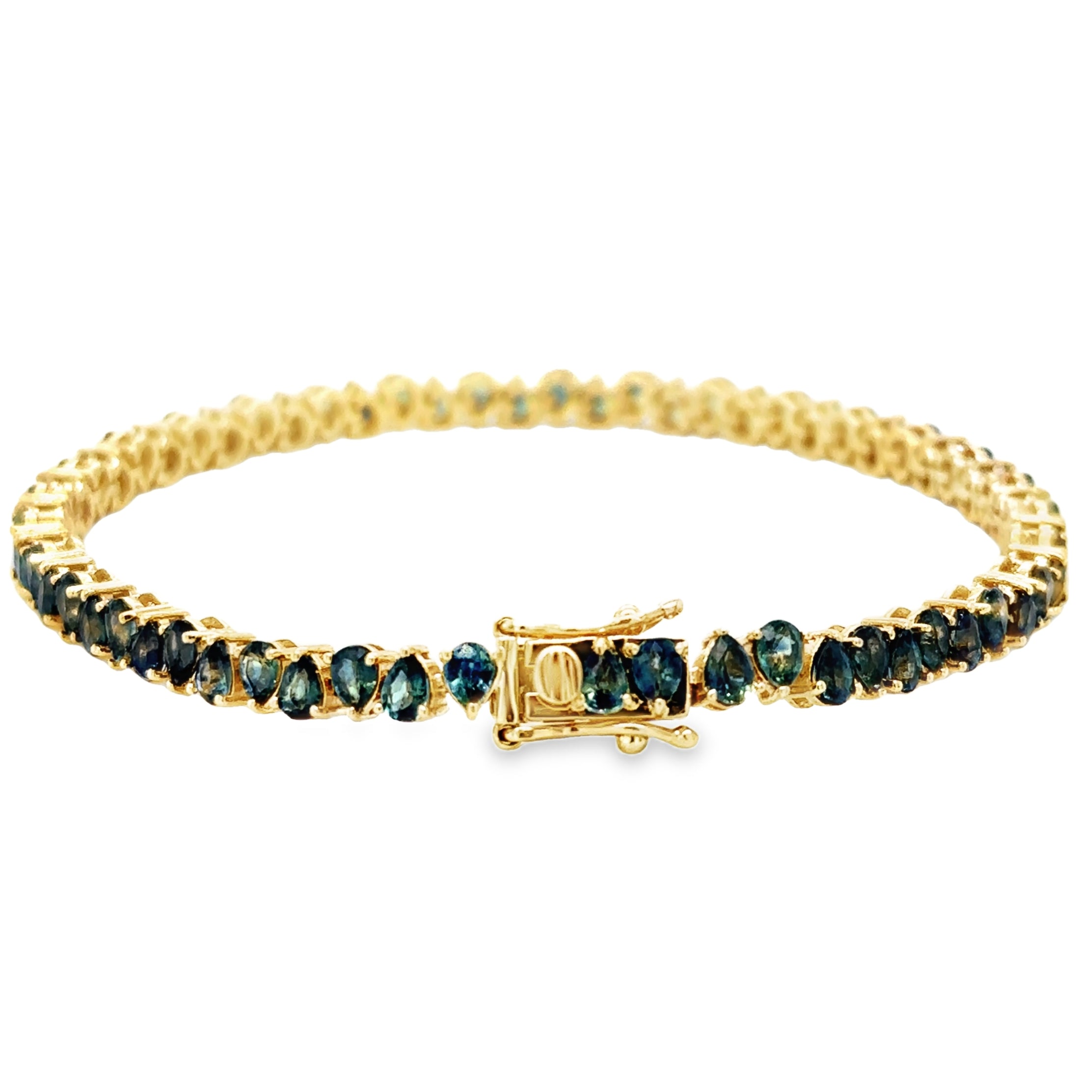 Pulsera De Zafiro Verde/Azul En Forma De Pera De Oro Amarillo De 14 K De 7", 8.40CT