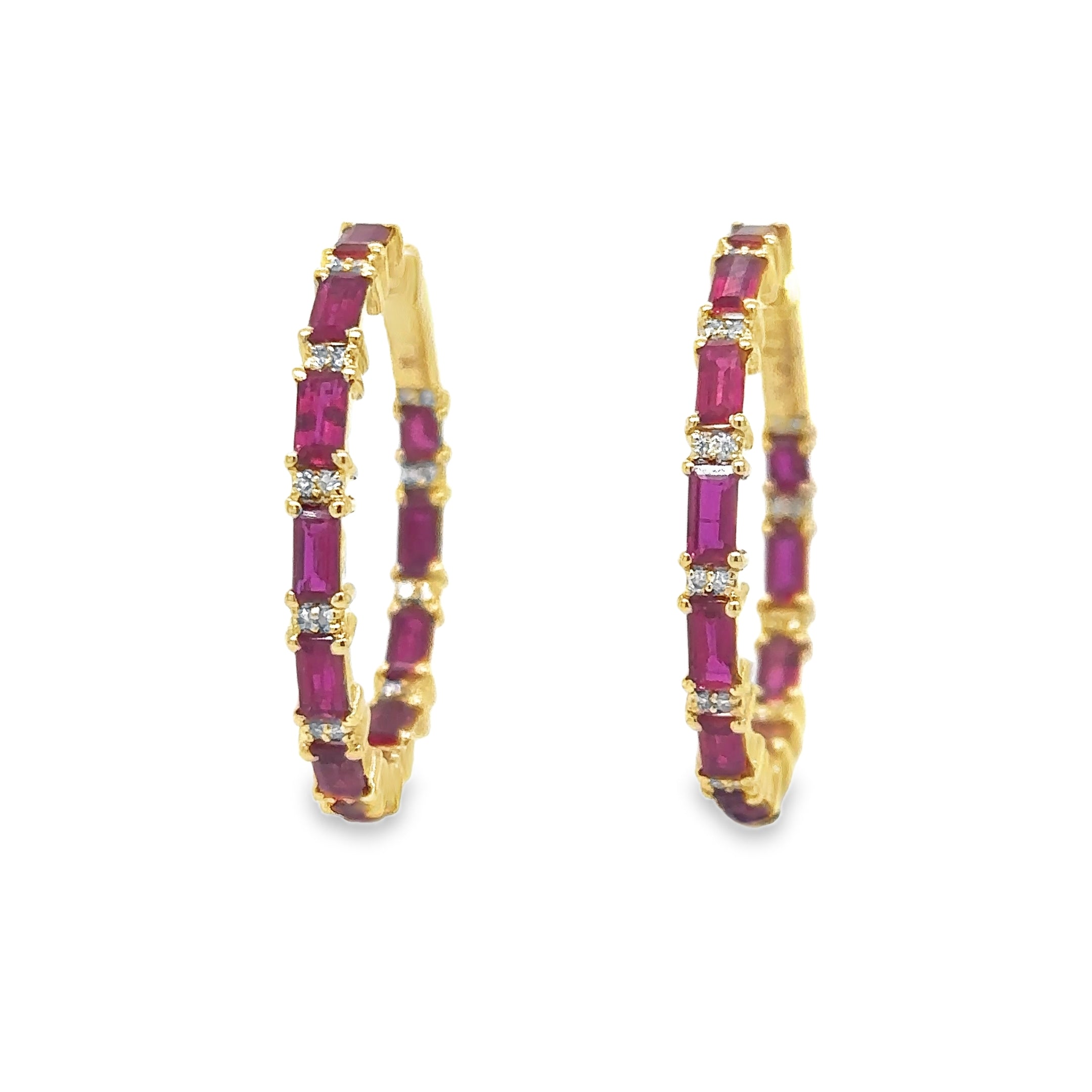 14K Yellow Gold Ruby & Diamond Hoop Earring 3.09 TCW