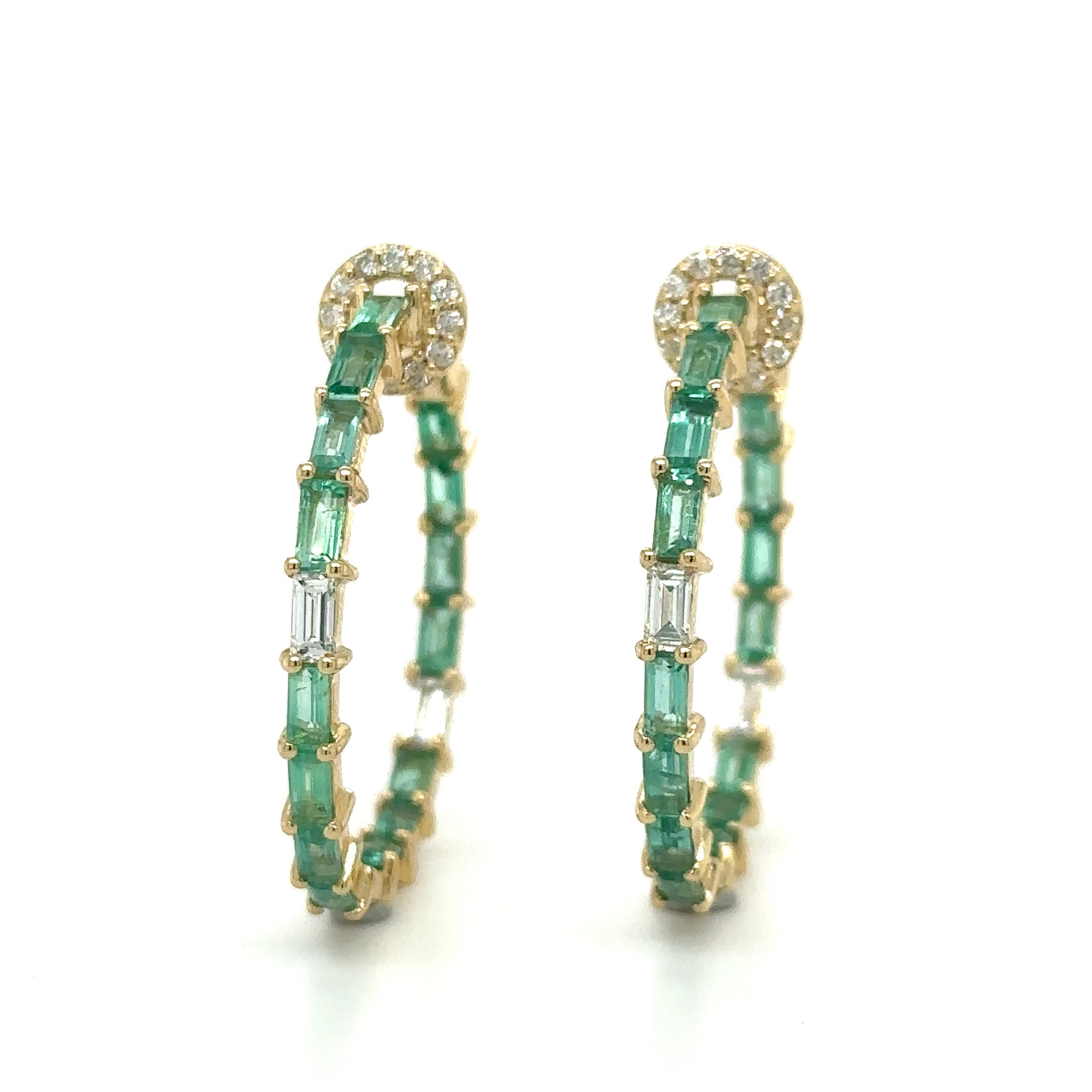 14K Yellow Gold Emerald & Diamonds Hoop Earrings 4.00 TCW