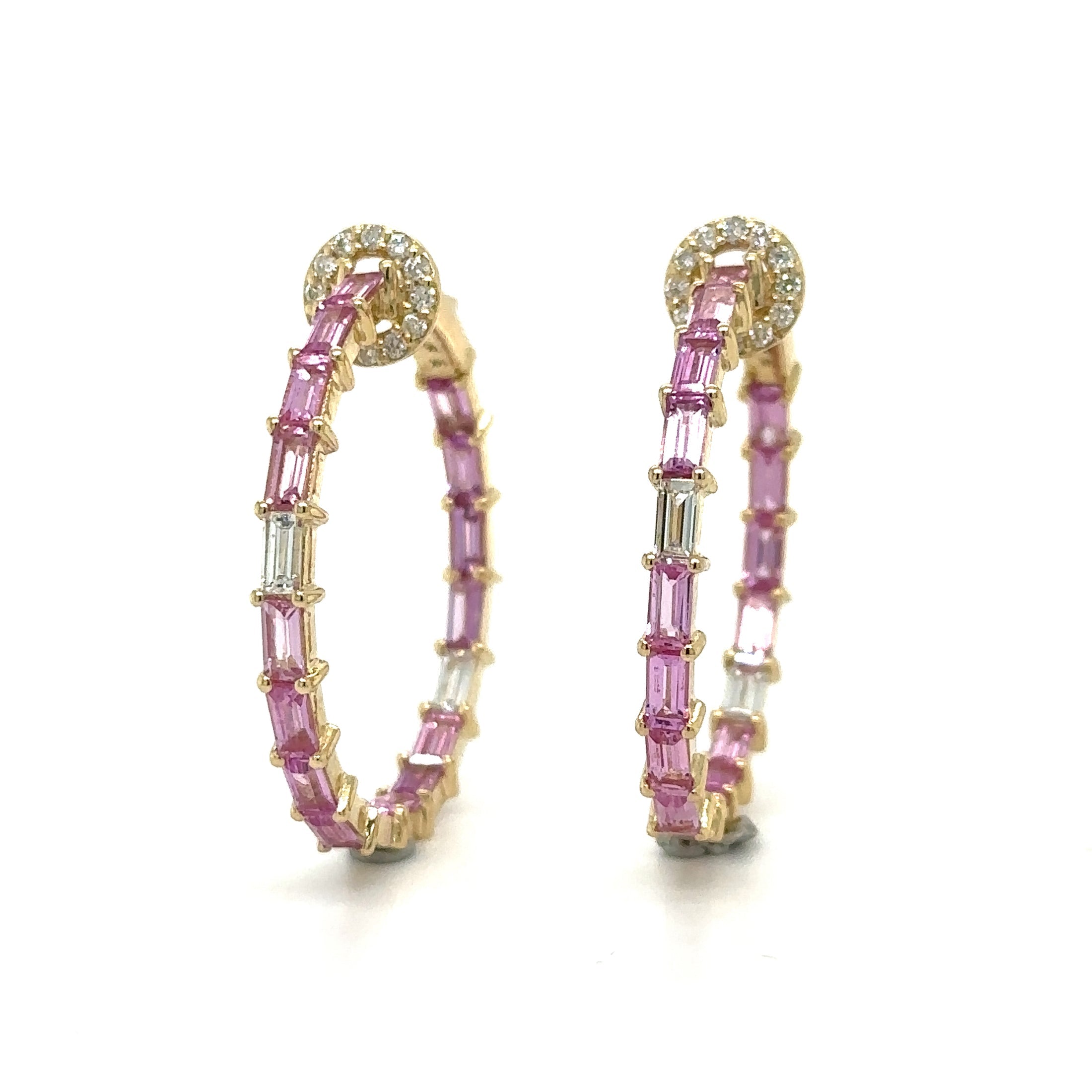 14K Yellow Gold Pink Sapphire & Diamonds Hoop Earing 4.93 TCW