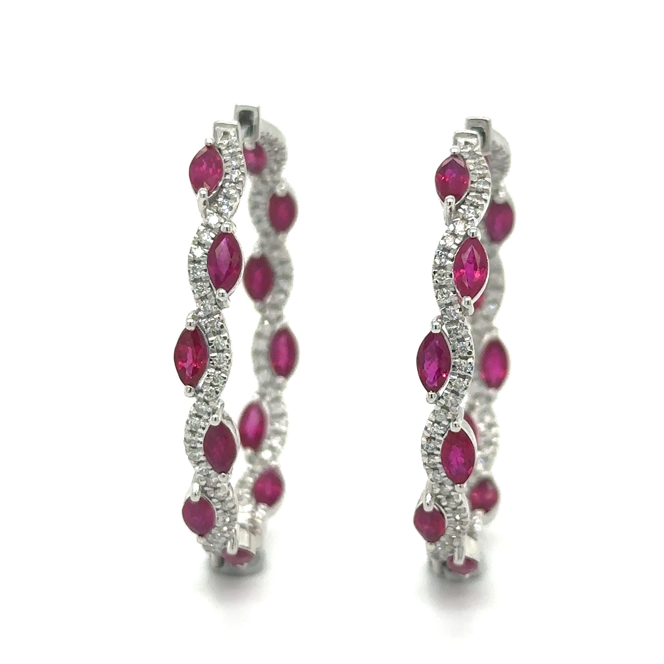 18K White Gold Ruby & Diamond Hoop Earring 4.13 TCW