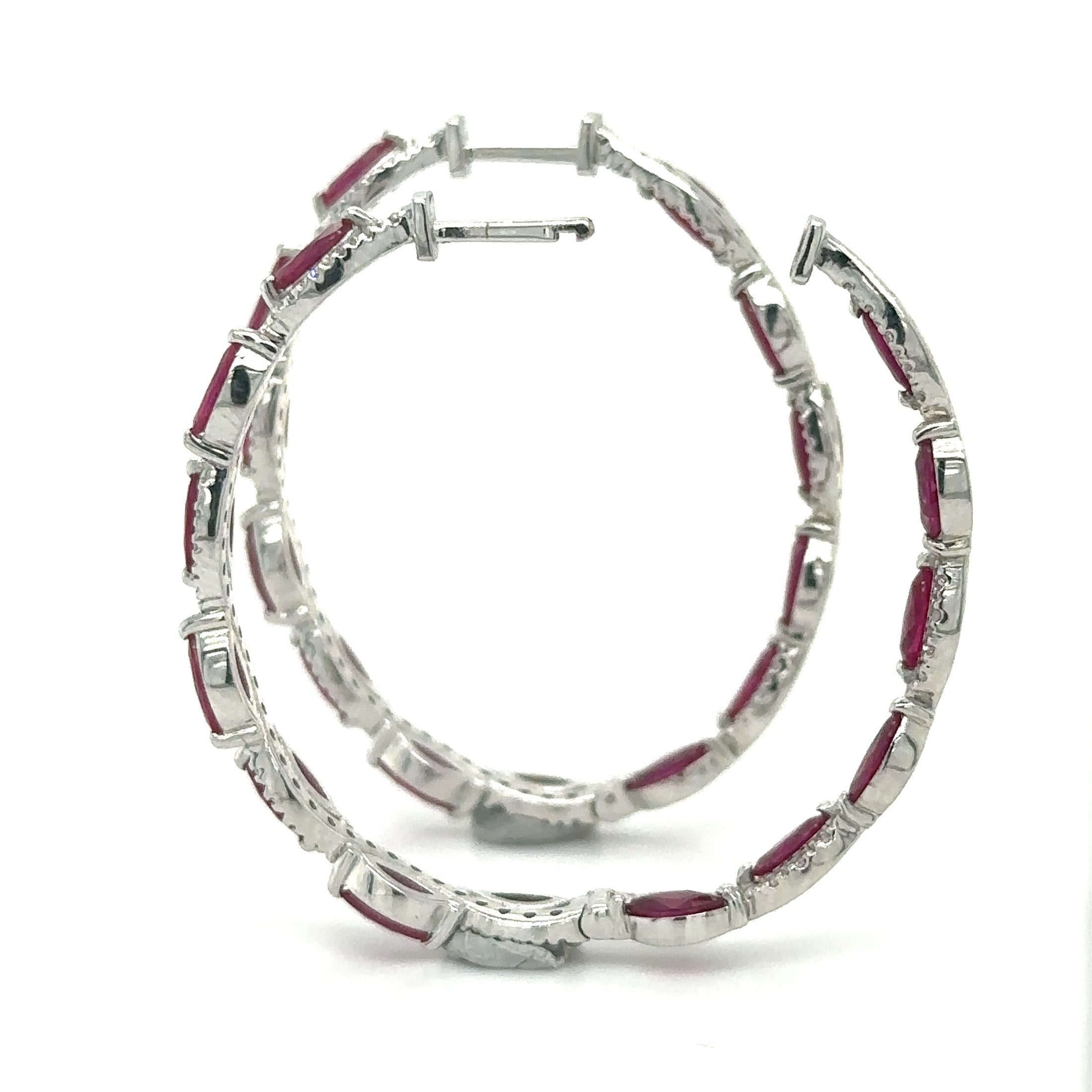 18K White Gold Ruby & Diamond Hoop Earring 4.13 TCW