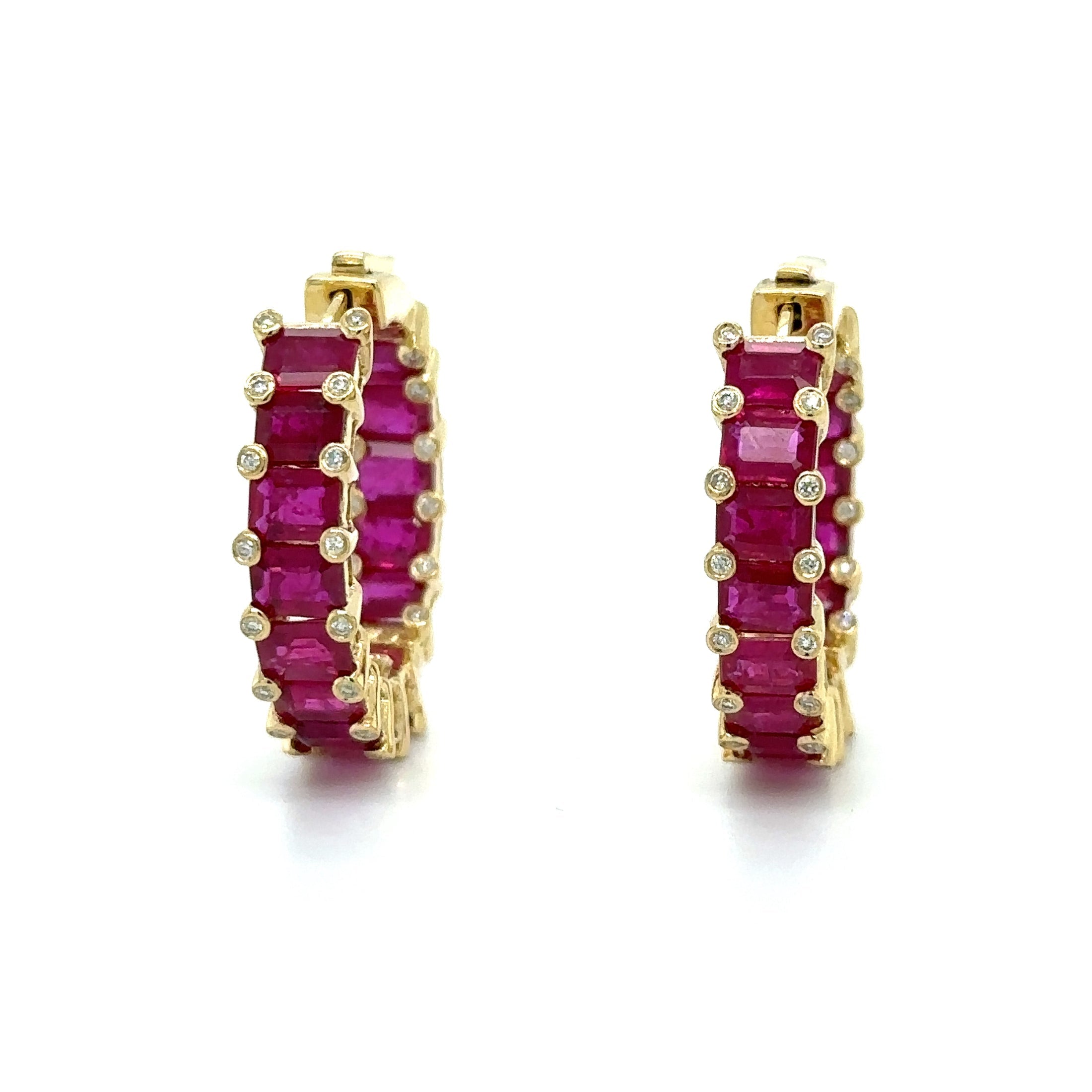 14K Yellow Gold Ruby & Diamond Hoop Earring 6.95 TCW