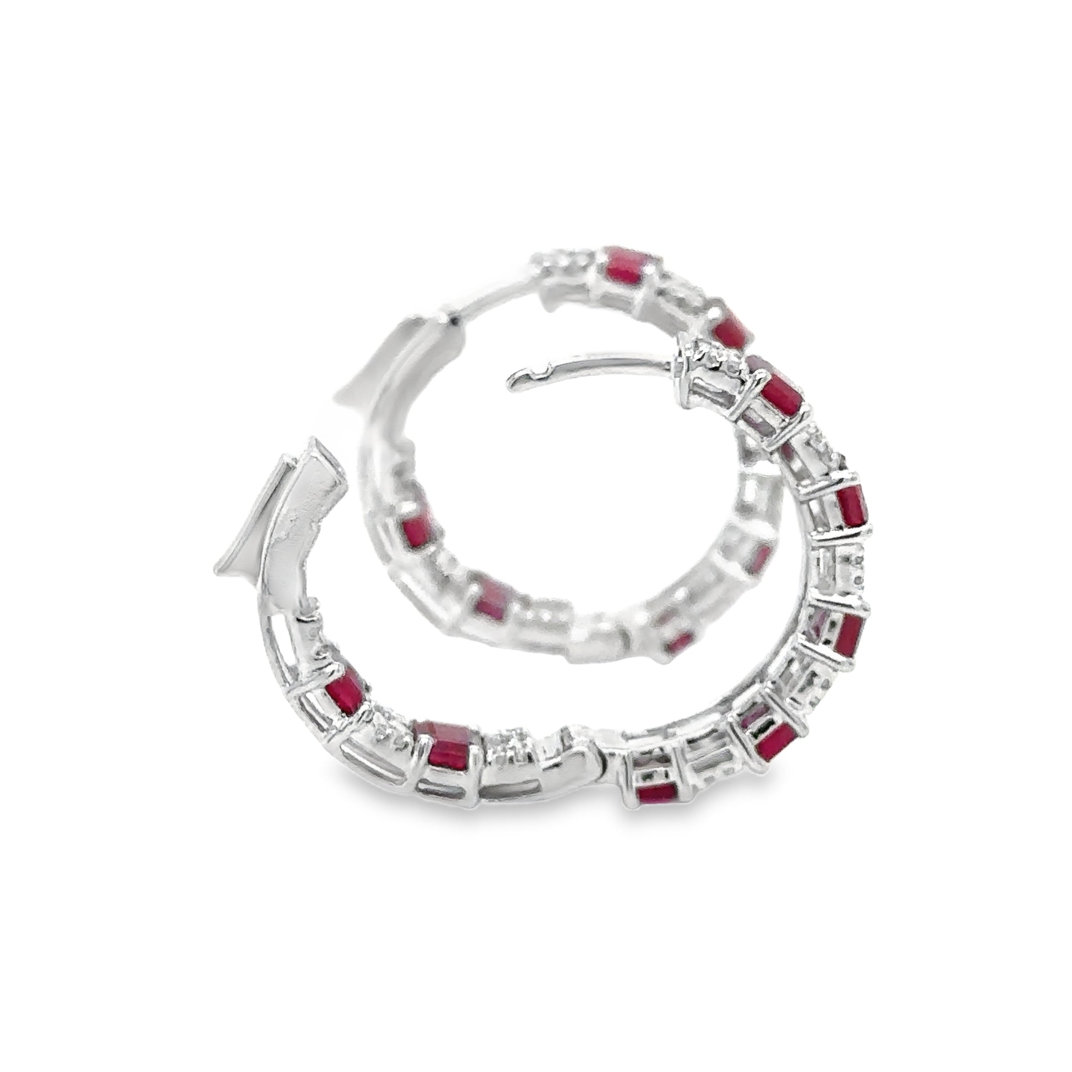 18K White Gold Ruby & Diamonds Hoop Earring 3.96 TCW