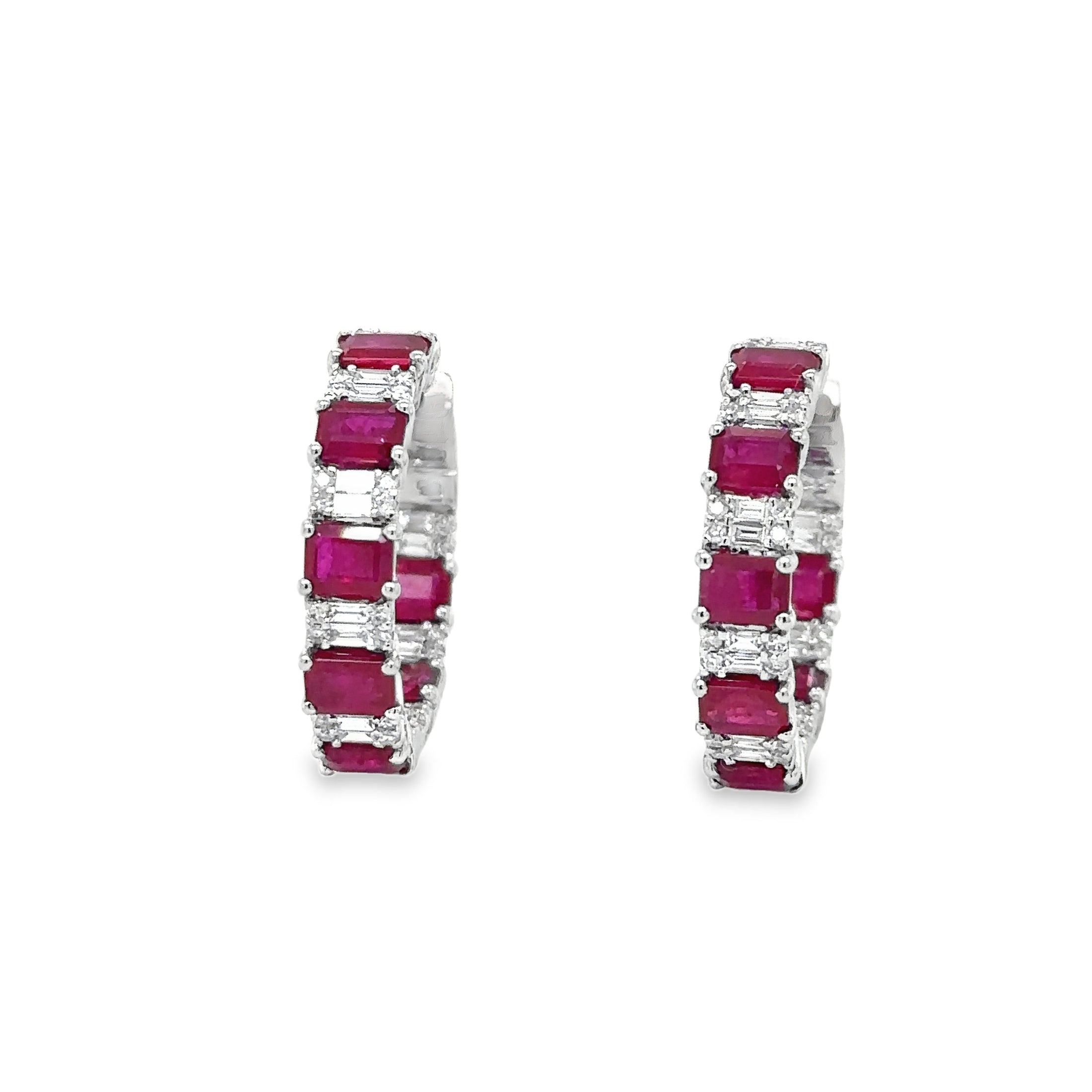 18K White Gold Ruby & Diamonds Hoop Earring 3.96 TCW