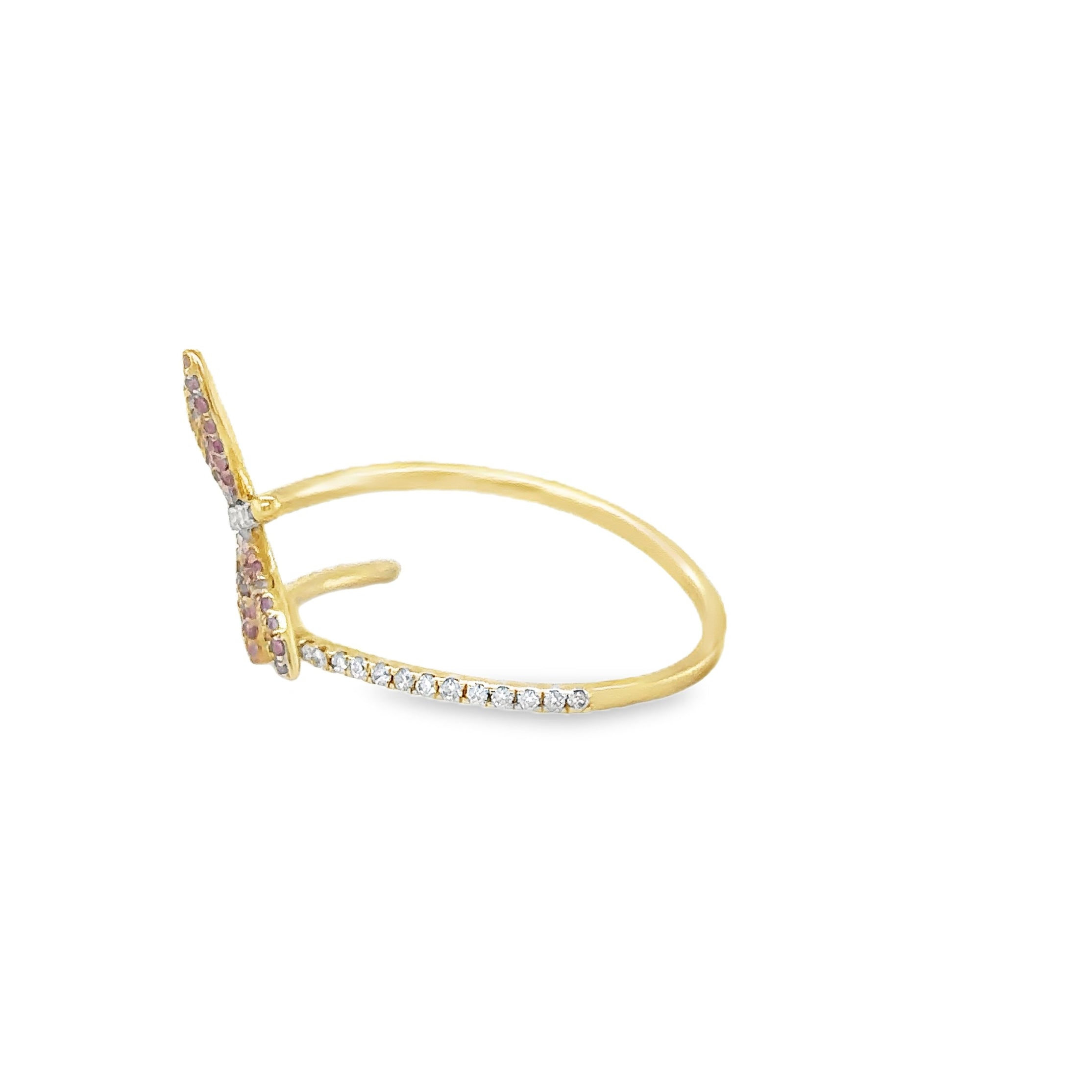 Anillo mariposa de oro amarillo de 14 quilates con zafiro rosa y diamantes, 0,38 TCW