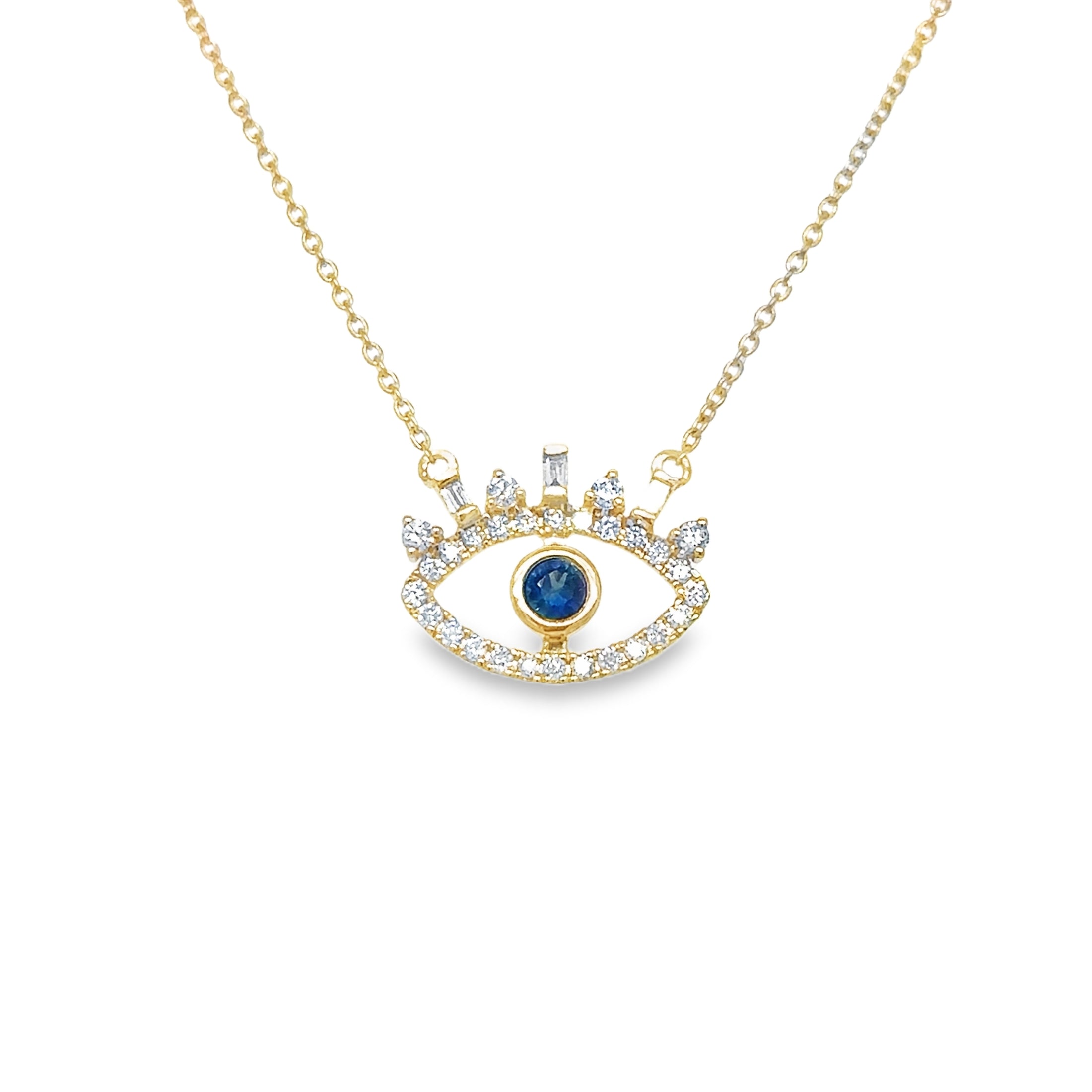 14K Yellow Gold Diamond Evil Eye Blue Sapphire Necklace  0.33 TCW