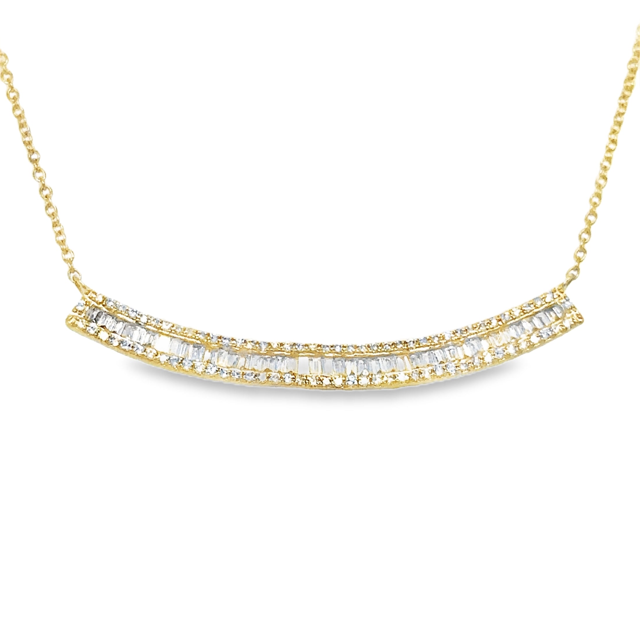 14K Yellow Gold Baguette Diamond Curved Bar Necklace  0.36 TCW