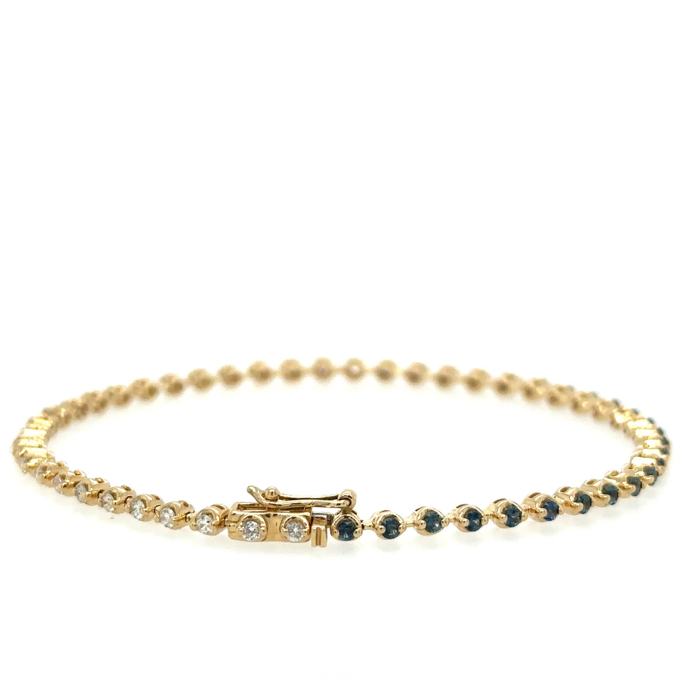 Pulsera de tenis de oro amarillo de 14 quilates con diamantes y zafiro azul, 1,31 quilates