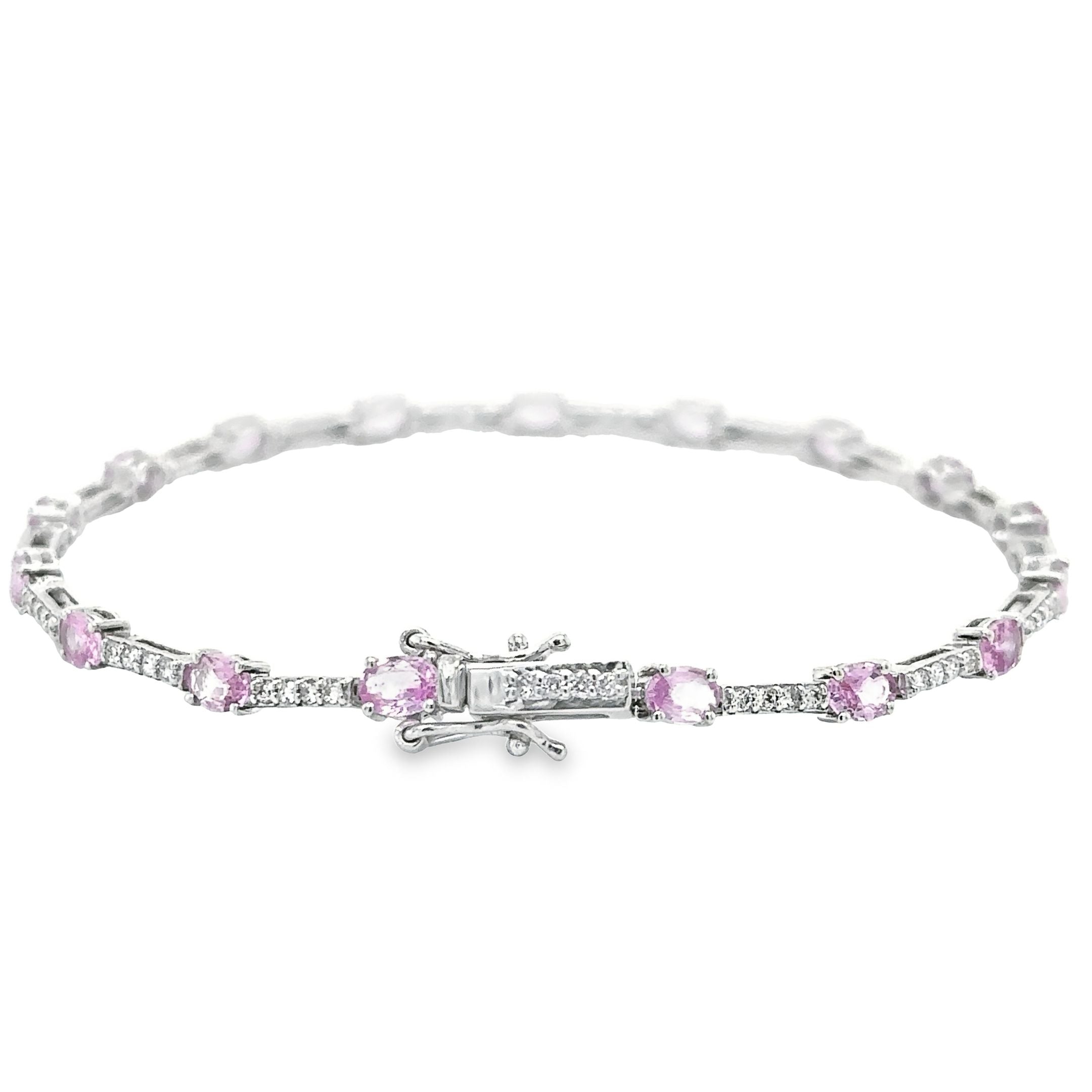 Pulsera de oro blanco de 14 quilates con zafiro rosa y diamantes, 3,49 quilates