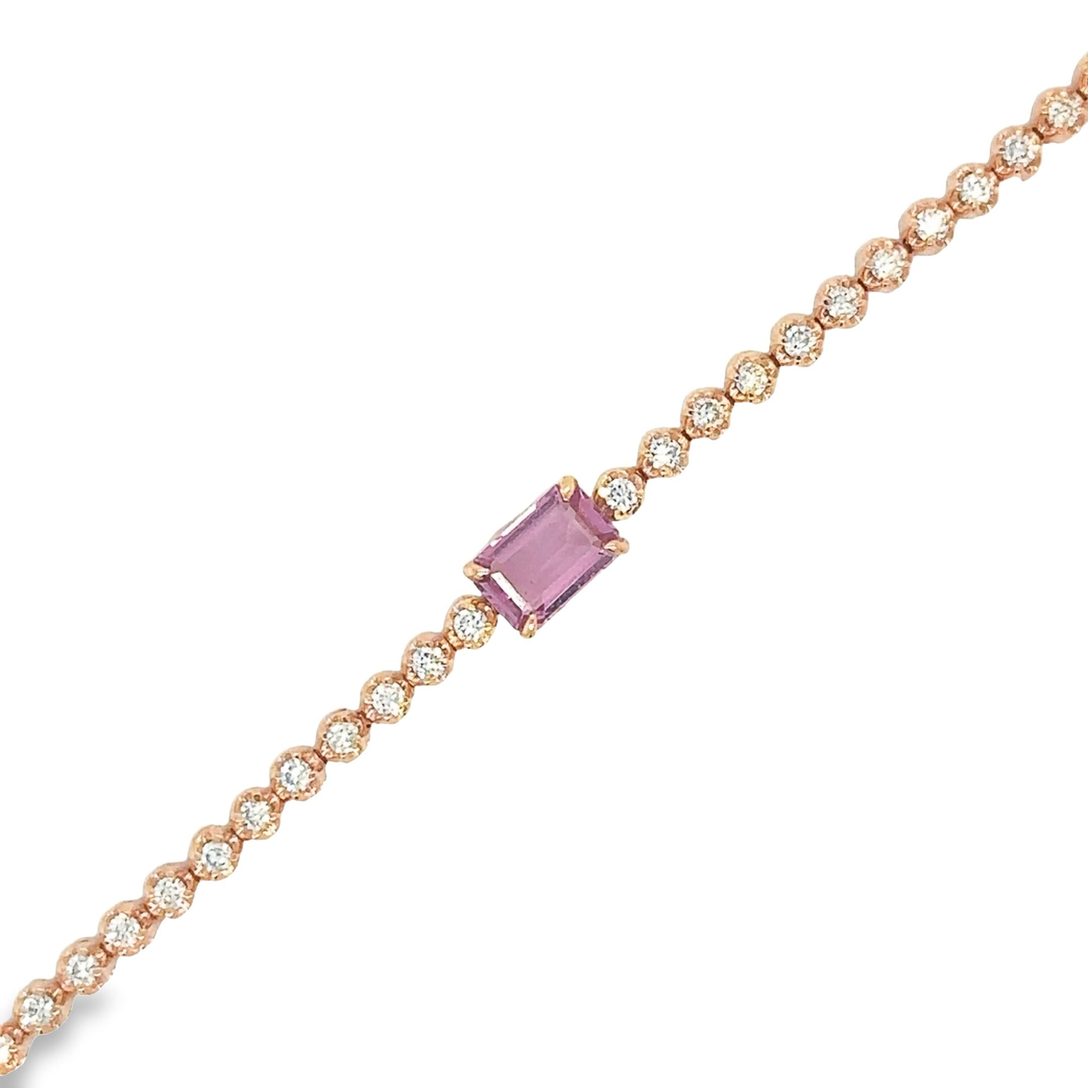 14K Rose Gold Pink Sapphire Oct With Diamond Tennis Bracelet  1.42 TCW