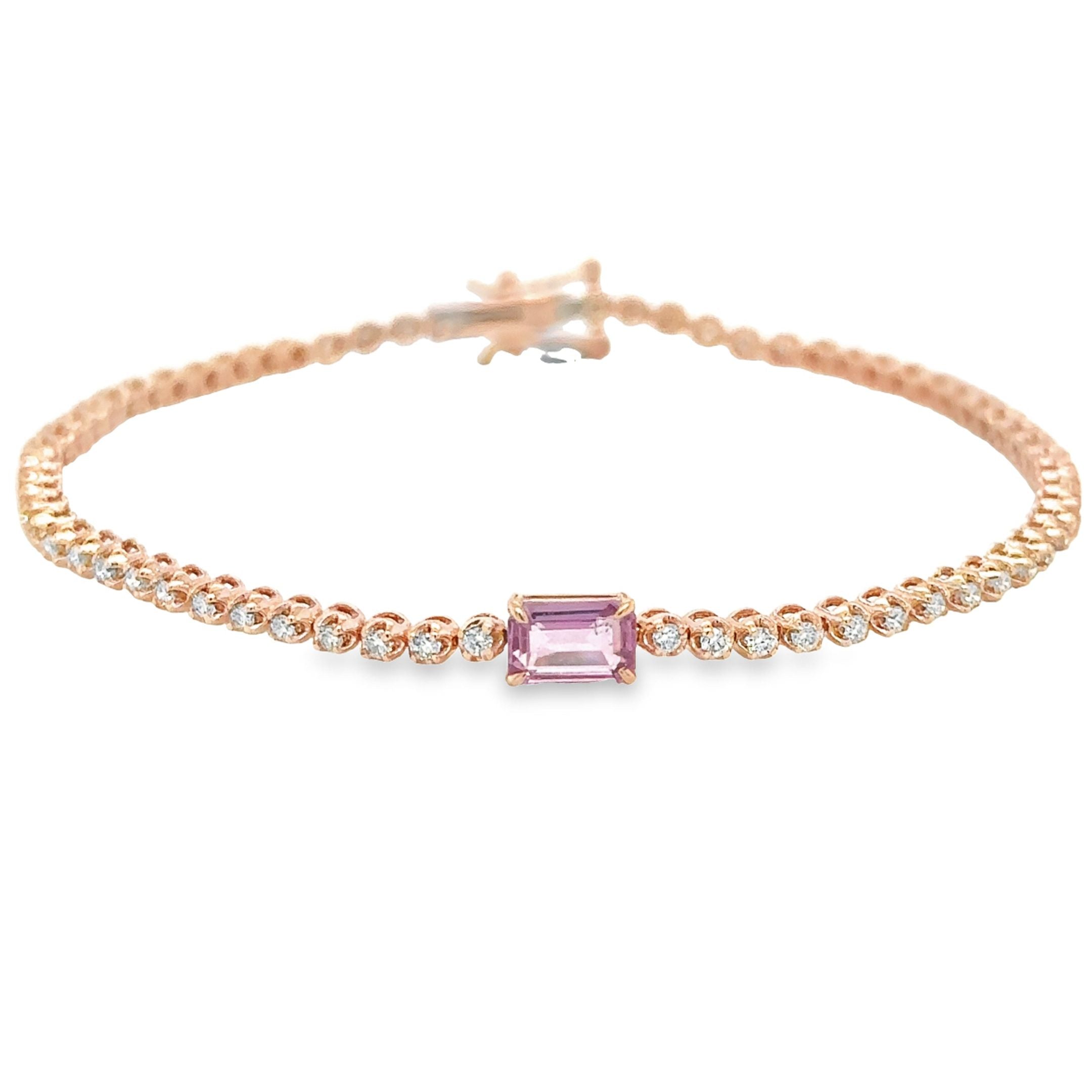 Pulsera de tenis Oct con diamantes y zafiro rosa en oro rosa de 14 quilates, 1,42 TCW