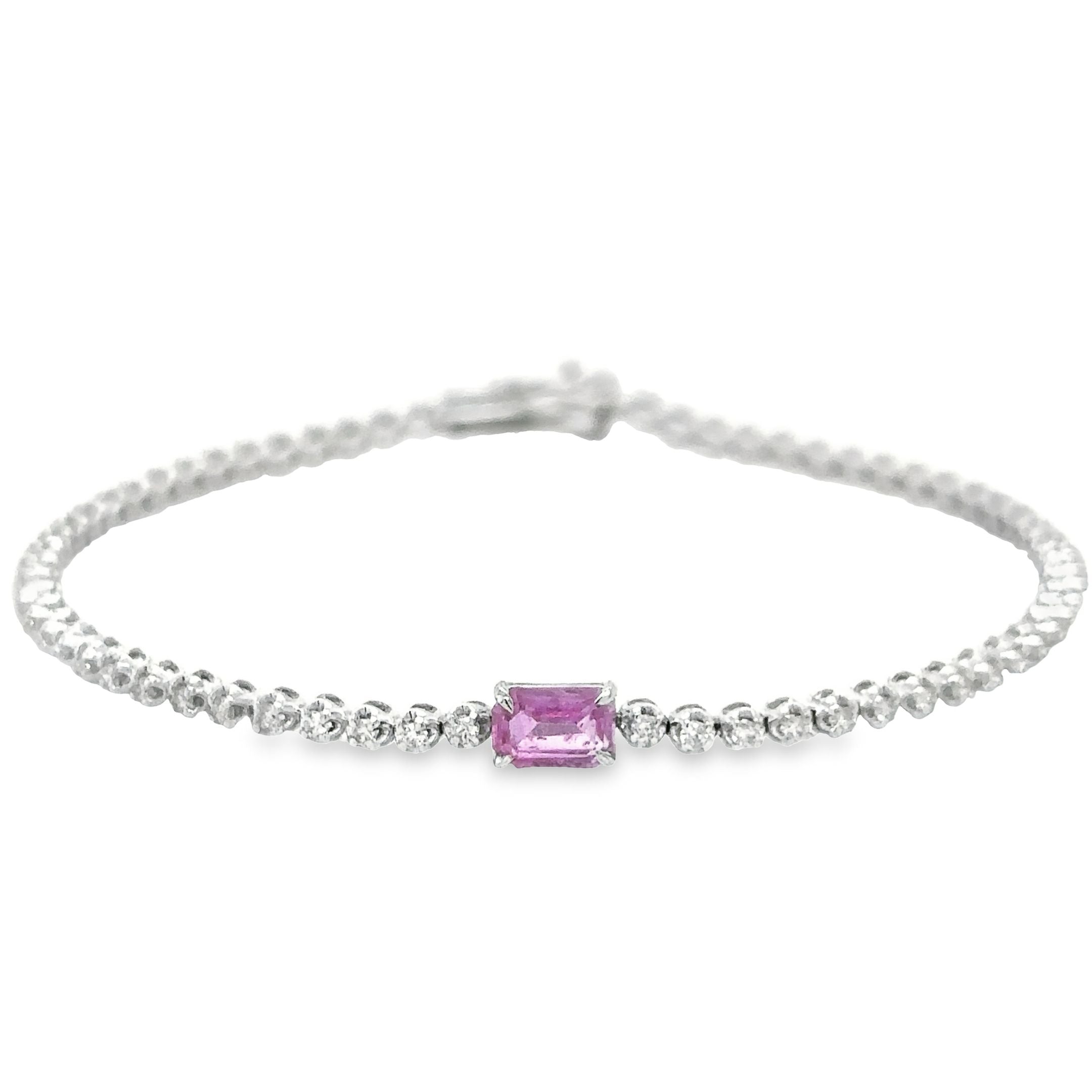 Pulsera de tenis Oct con diamantes y zafiro rosa en oro blanco de 14 quilates, 1,47 TCW