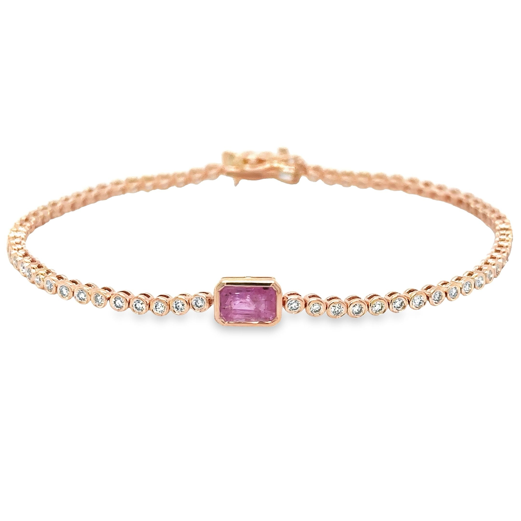 Pulsera de tenis Oct con diamantes y zafiro rosa en oro rosa de 14 quilates, 1,53 TCW