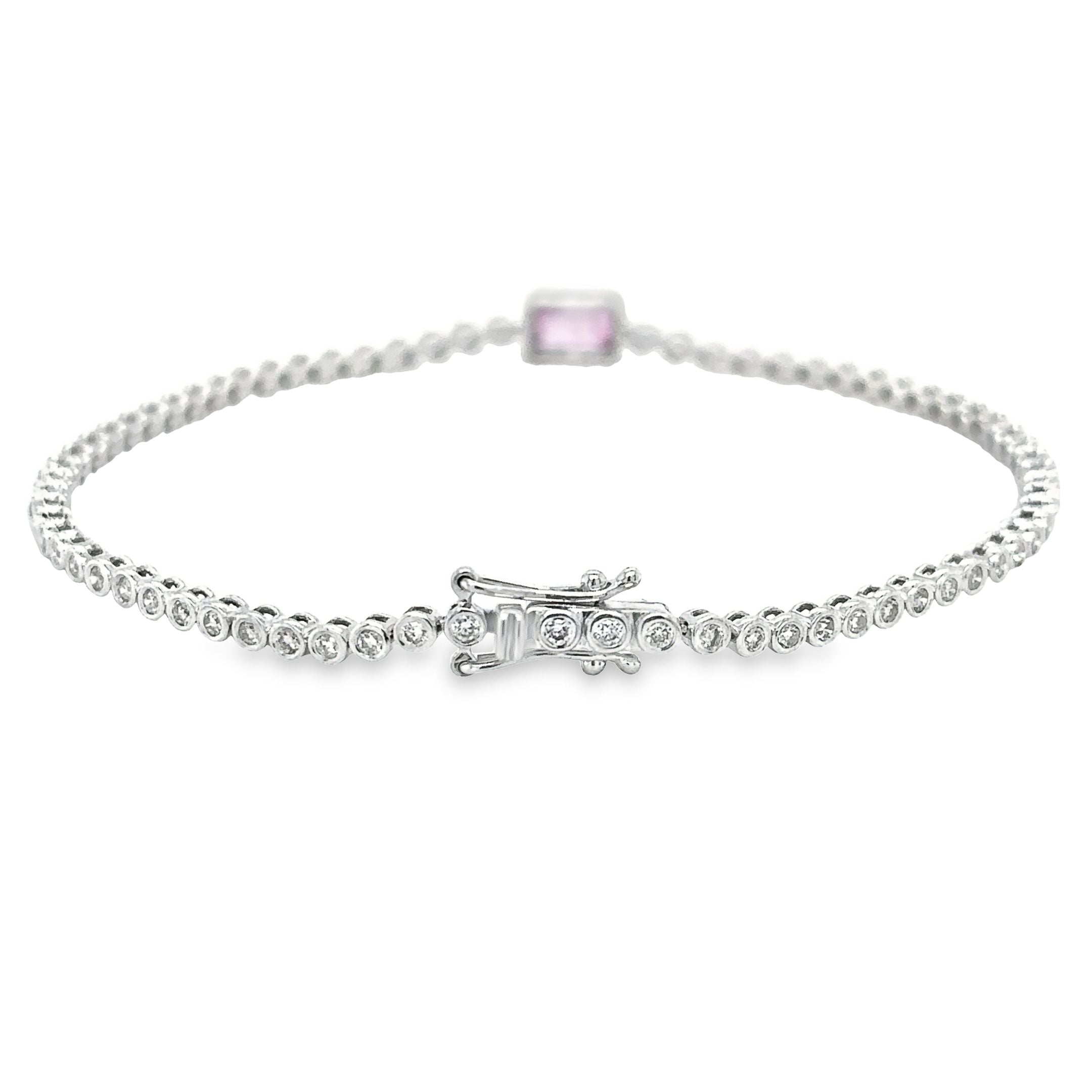 Pulsera de tenis Oct con diamantes y zafiro rosa en oro blanco de 14 quilates, 1,53 TCW